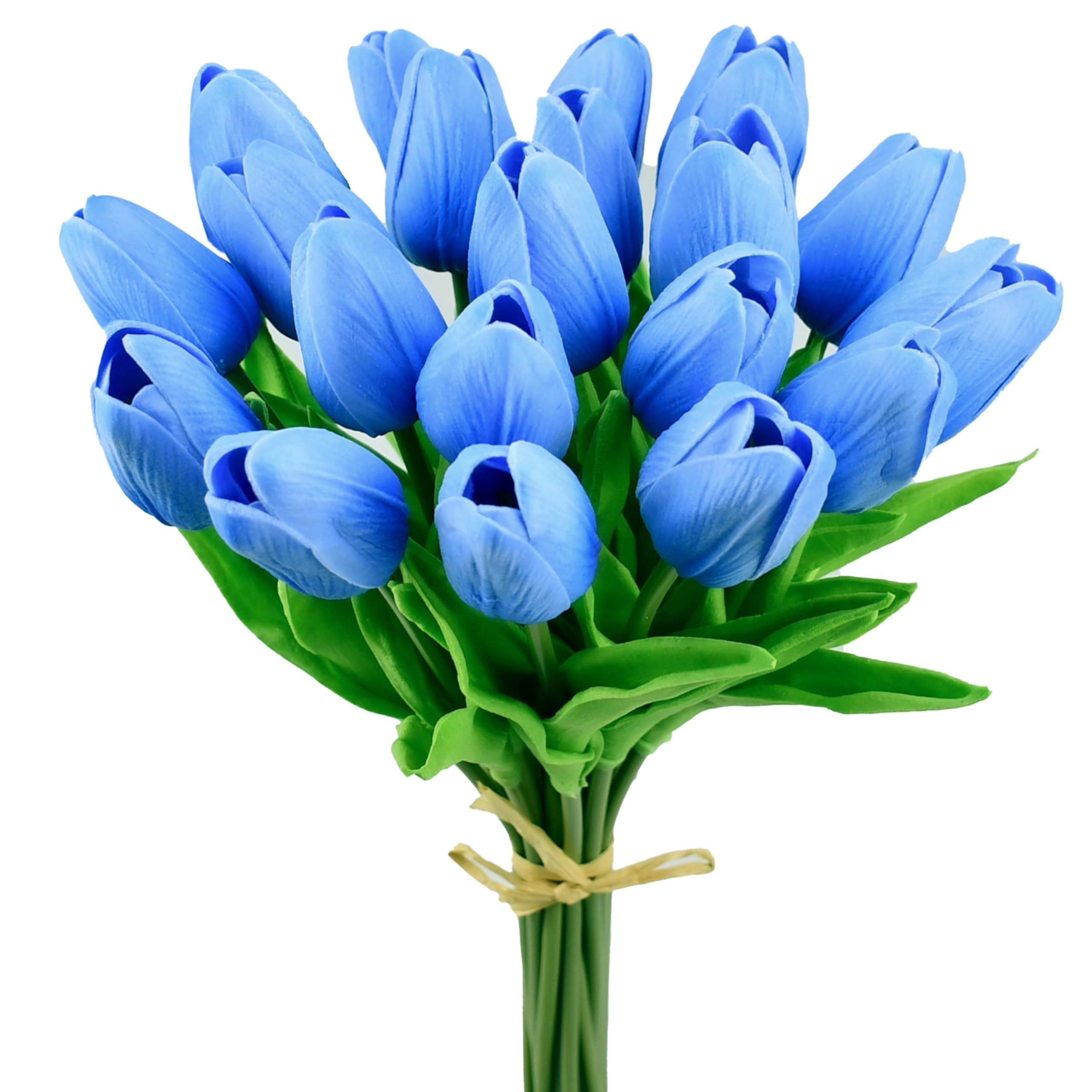 Mandys Light Blue Artificial Tulips Flowers Centerpiece, 13.5 Lifelike PU Fake Floral Stems 20pcs for Kitchen Island & Dining Table, Spring Decor for Easter-New Condition