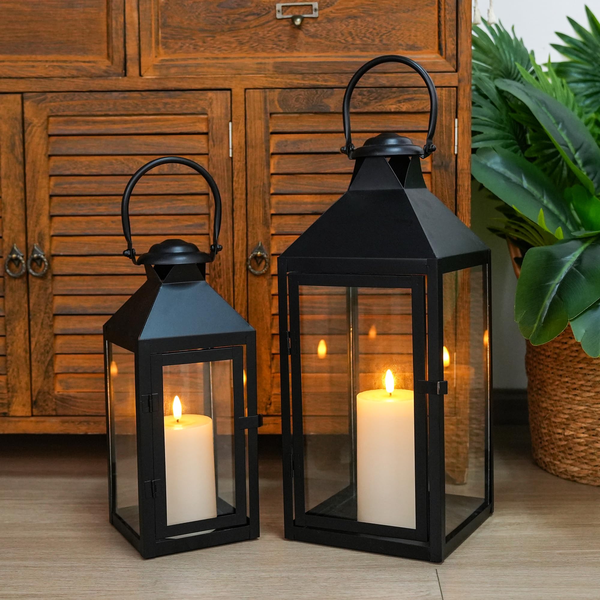 JHY DESIGN Set of 2 Black Decorative Lanterns 17.5inch&13.5inch Metal Candle Lanterns for Indoor Outdoor Events Paritie and Wedd