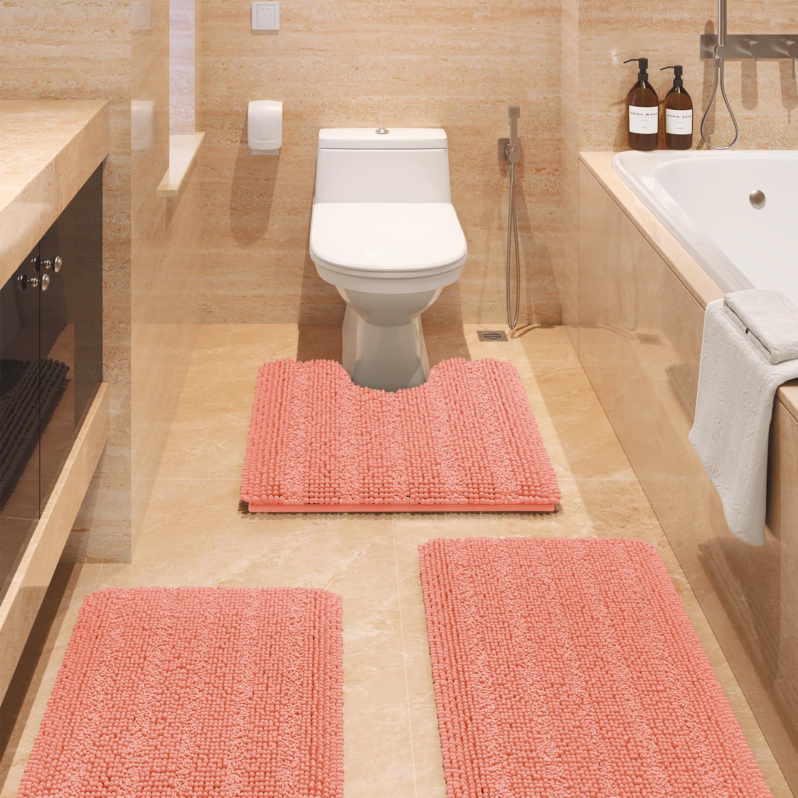 Accumtek Striped Coral Bathroom Rug Set 3 Pieces Ultra Soft, Non Slip Chenille Toilet Mat, Absorbent Plush Shaggy Bath Mats For