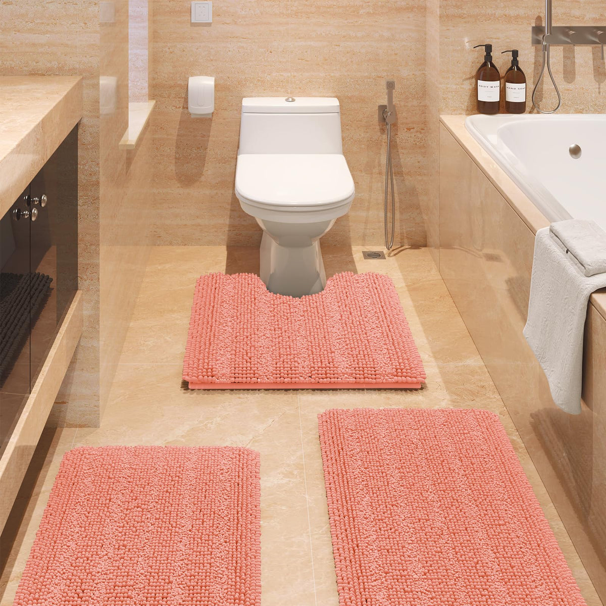 Accumtek Striped Coral Bathroom Rug Set 3 Pieces Ultra Soft, Non Slip Chenille Toilet Mat, Absorbent Plush Shaggy Bath Mats For