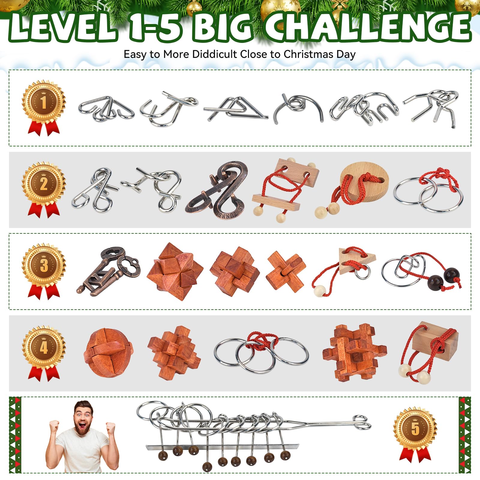 Advent Calendar 2025 Brain Teaser Puzzles for Adults Teens Kids, 24 Pcs Metal & Wood Puzzle Christmas Countdown Calendar with Fu