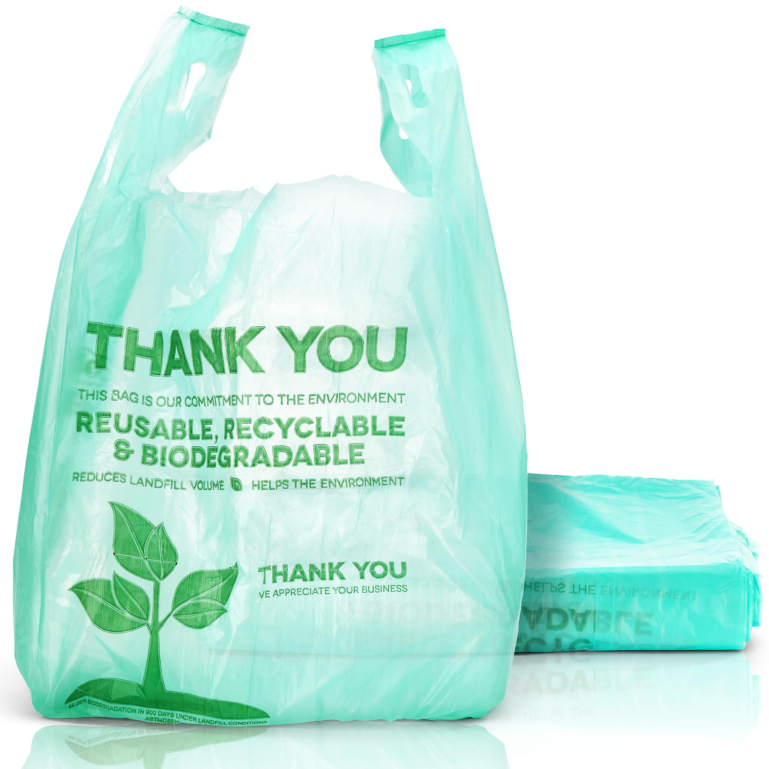 FMP Brands 100 Count Eco Biodegradable Plastic Grocery Bags with Handles, TShirt Thank You Shopping Bags, Reusable Plastic Shop
