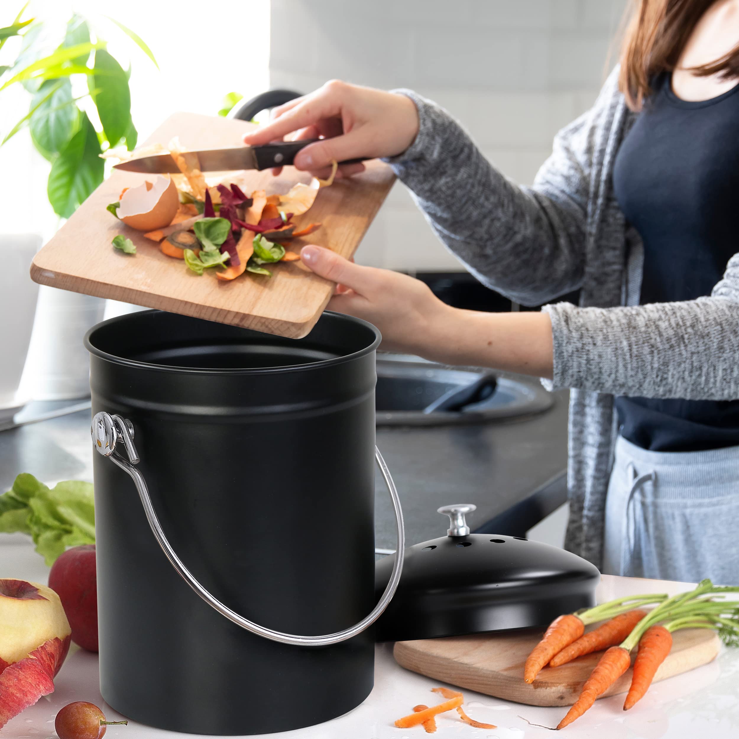 Utopia Kitchen Compost Bin For Kitchen Countertop - 1.3 Gallon Compost Bucket For Kitchen With Lid - Includes 1 Spare Charcoal F