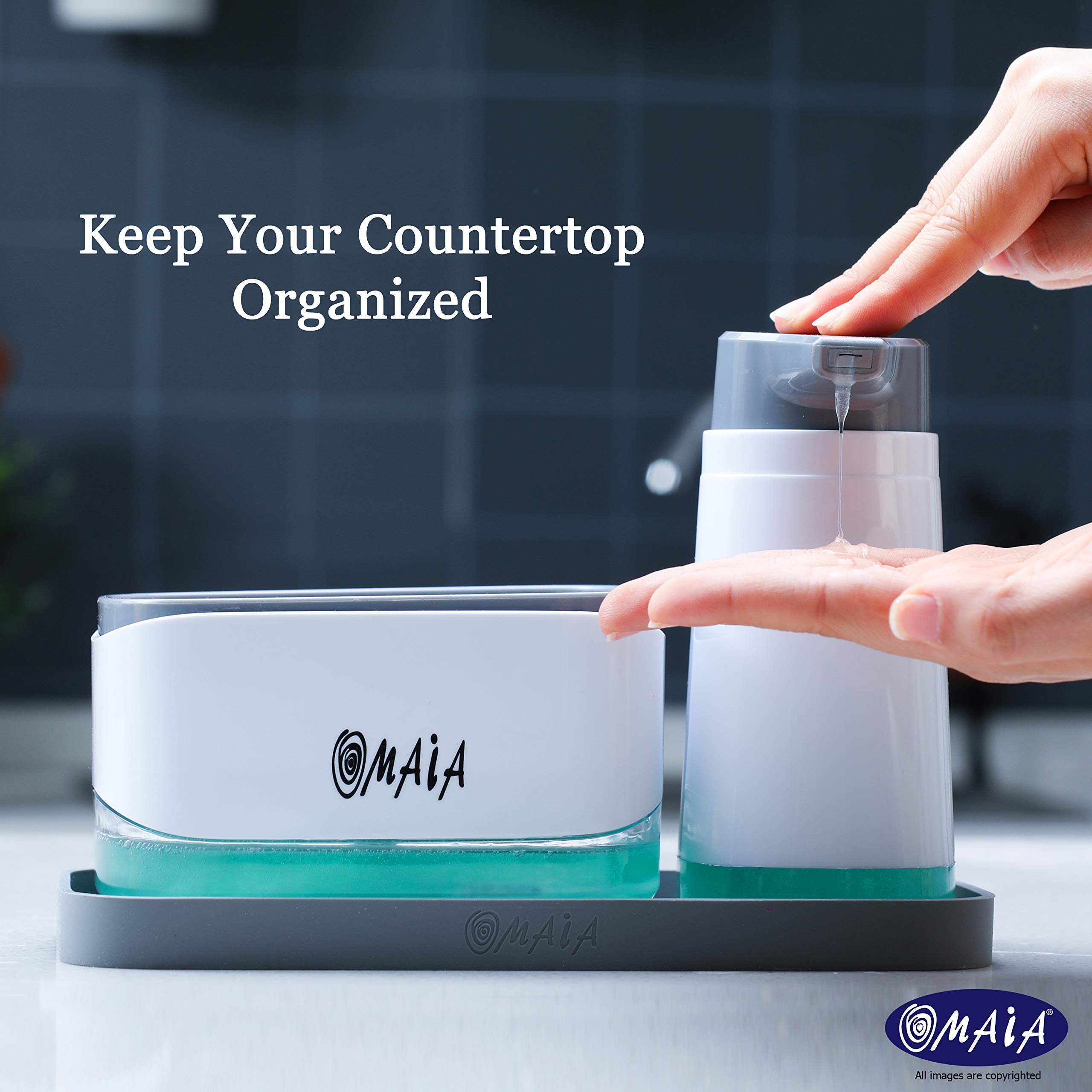 Omaia 4-In-1 Dish Soap Dispenser Set With Sponge Holder And Liquid Hand Soap Dispenser And Silicone Tray - Countertop Organizer