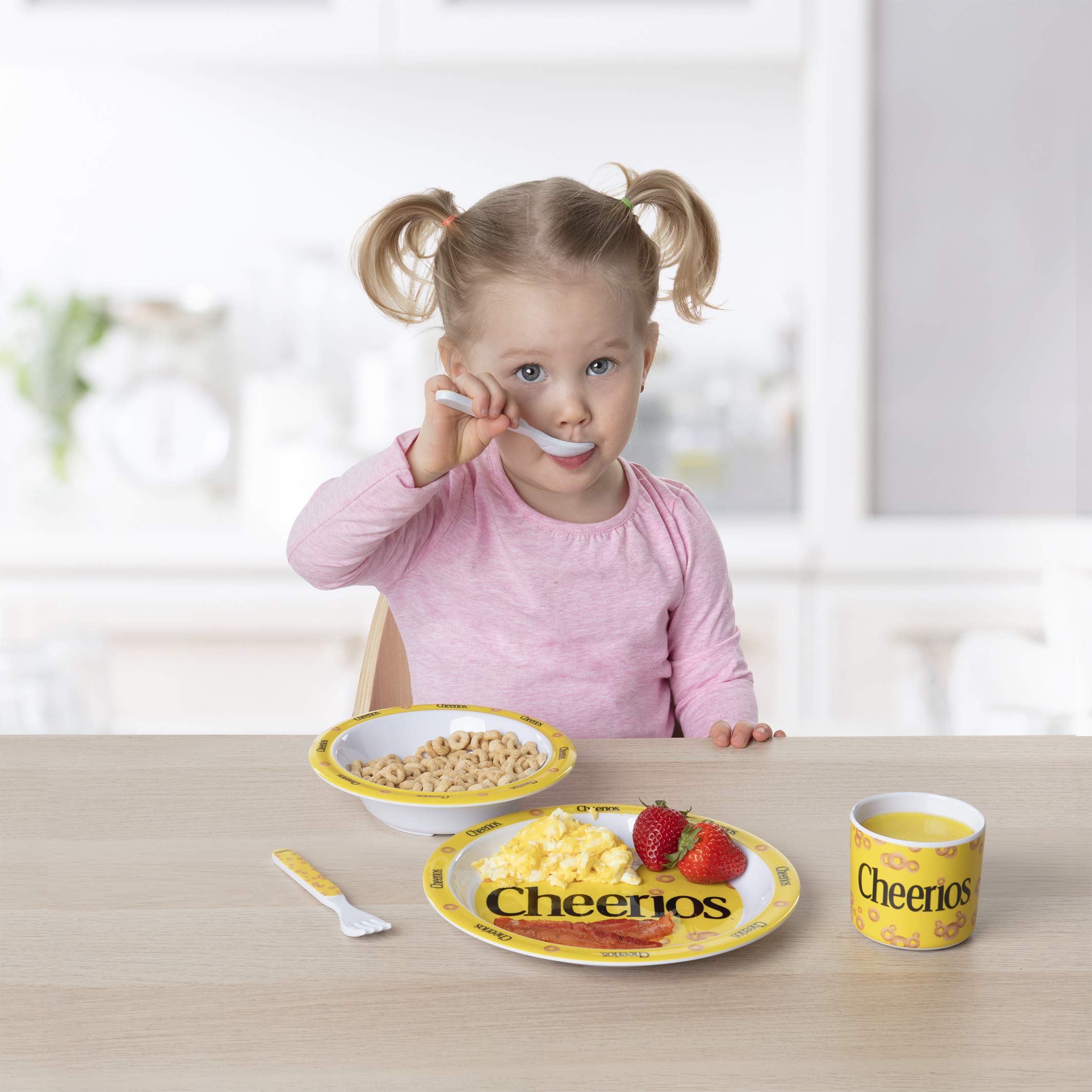 Cheerios 5pc Kids Plates Mealtime Feeding Set for Toddlers - Dinnerware Dish Set w Plate, Bowl, Cup, Utensils- BPA/PVC Free & Di