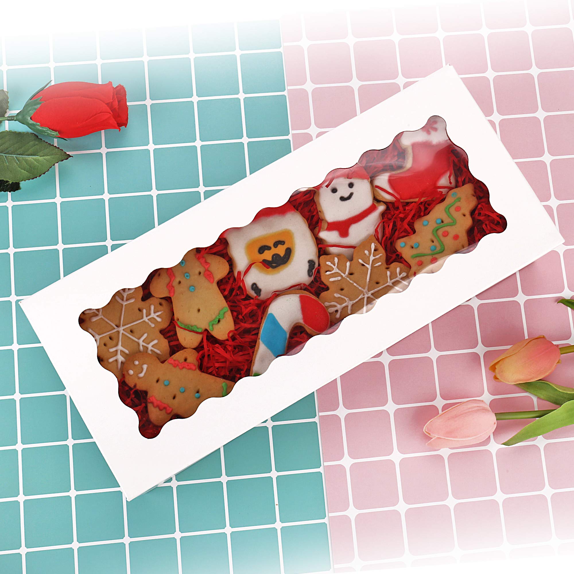 Tcoivs 20-Pack Cookie Boxes With Window, 12.5'' X 5.5'' X 2.5'', White Bakery Boxes, Auto-Popup Treat Boxes For Pastries, Strawb