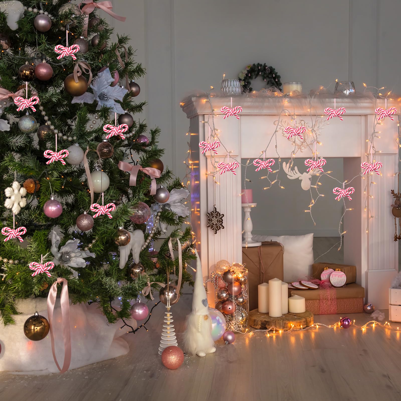 Hungdao 24 Pcs Bow Candy Cane Christmas Ornaments Pink and White Christmas Tree Decoration Stripe Candy Cane Hanging Ornament Po