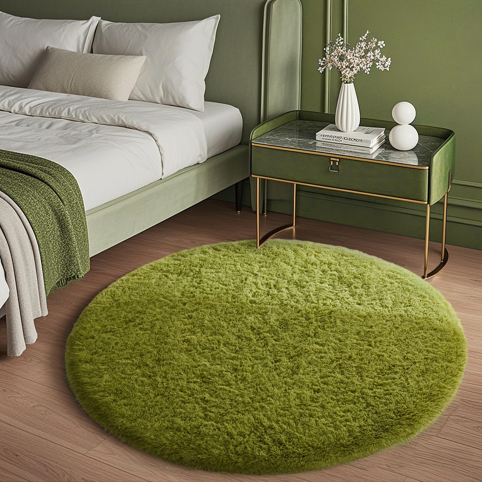 Ophanie Round Rug 4Ft Green Circle Area Rug, Green Room Decor, Fluffy Fuzzy Bedroom Carpet, Plush Soft Shaggy Living Room Rugs f