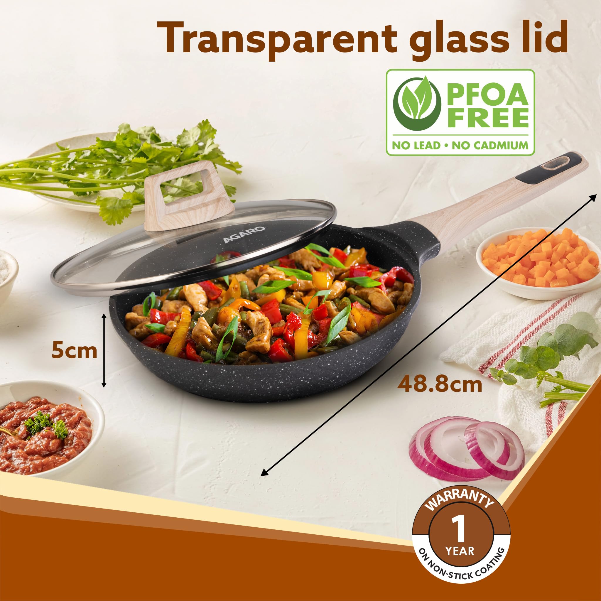AGARO Imperial Granite Non Stick Frypan with Glass Lid, 3L / 28cm, Cast Aluminium Body, Omlette Egg Pan, Fish Fry Pan, Gas & Ind
