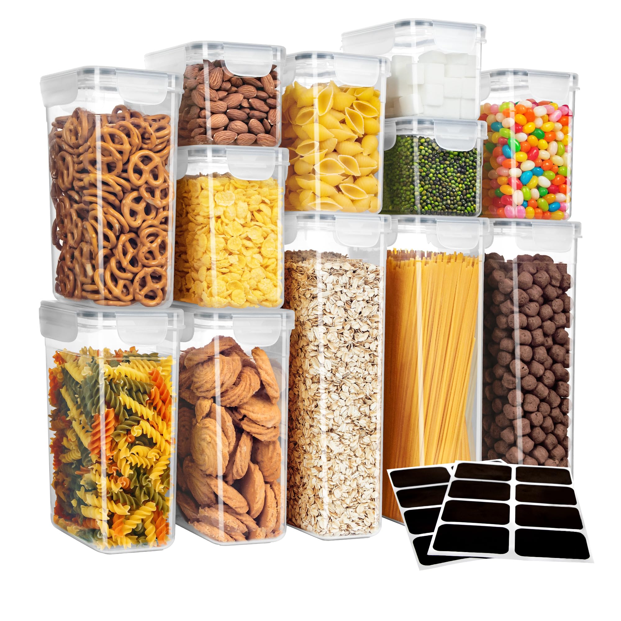 Mr.Siga 12 Pack Airtight Pasta Spaghetti Noodle Storage Containers Bpa Free With 16 Reusable Stickers And 1 Erasable Chalk
