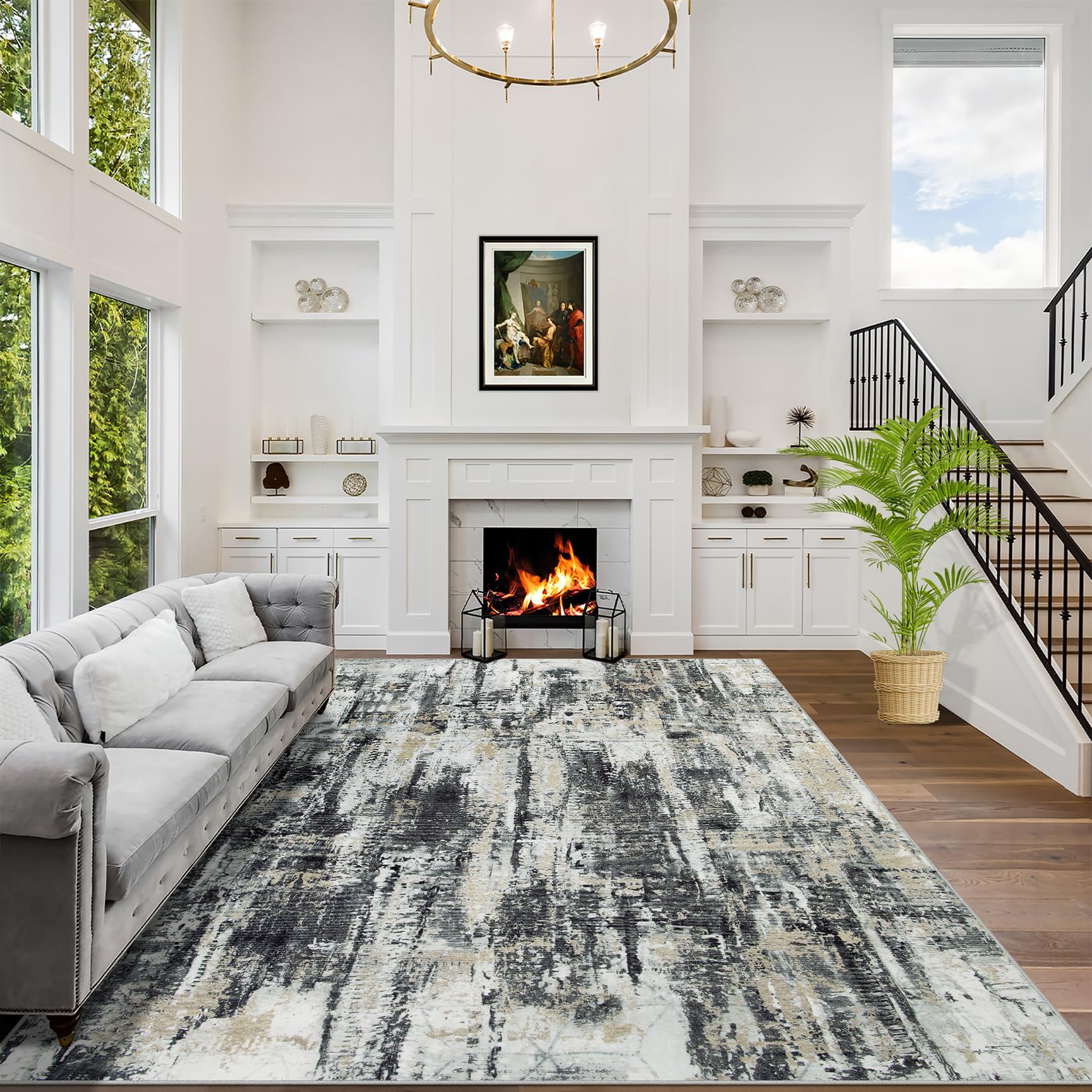 5x7 Area Rugs Washable Rug: Modern Abstract Living Room Rug Soft Anti-Skid Thin Carpet Indoor Floor Non-Shedding Carpets for Bed