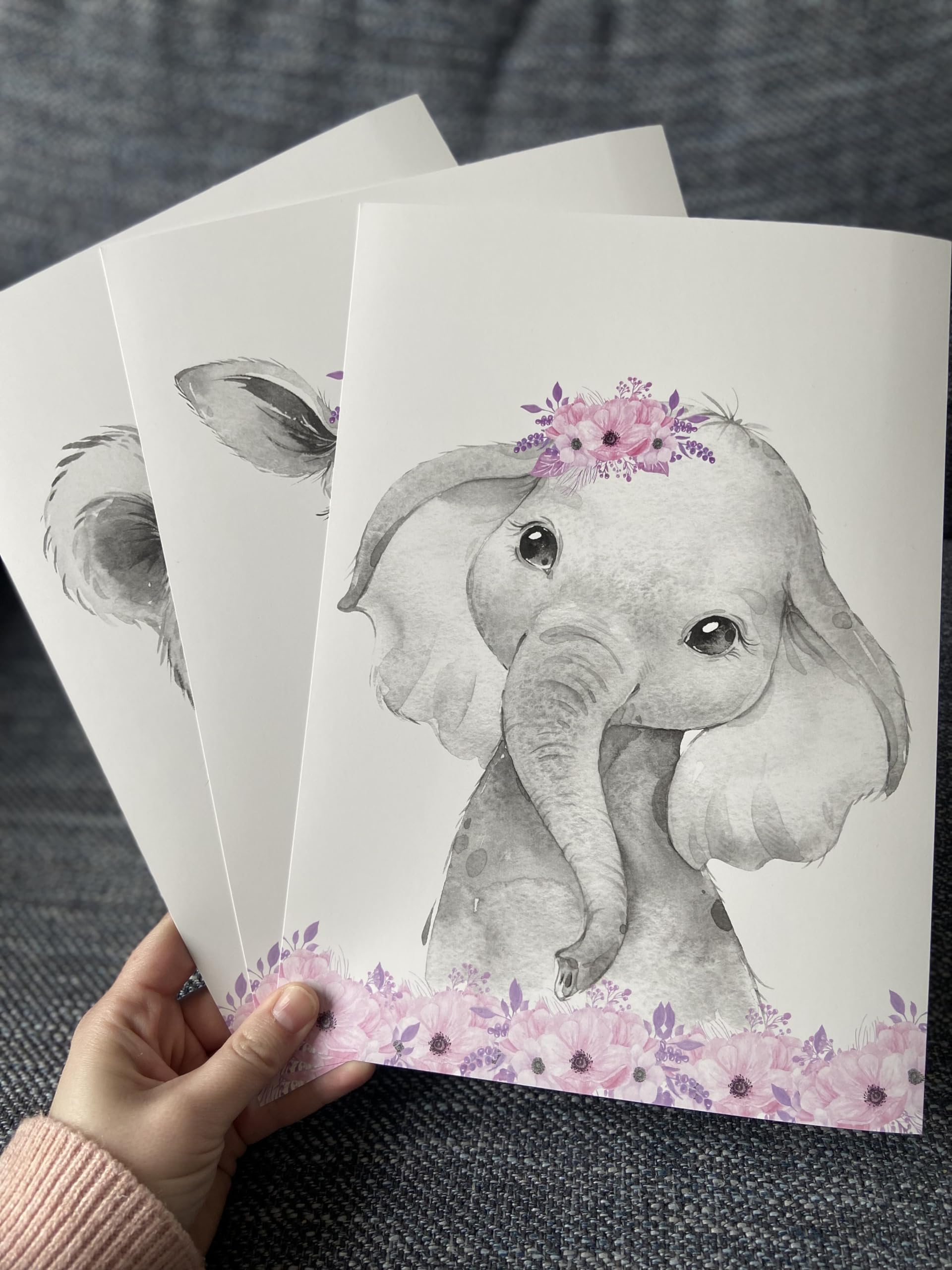 Safari Animals Baby Girls Nursery Set of 3 Unframed Wall Art Prints  Gray Baby Animals with Pink Flowers  Child Bedroom Nursery Decor Posters  Giraffe Elephant Lion (8x10)