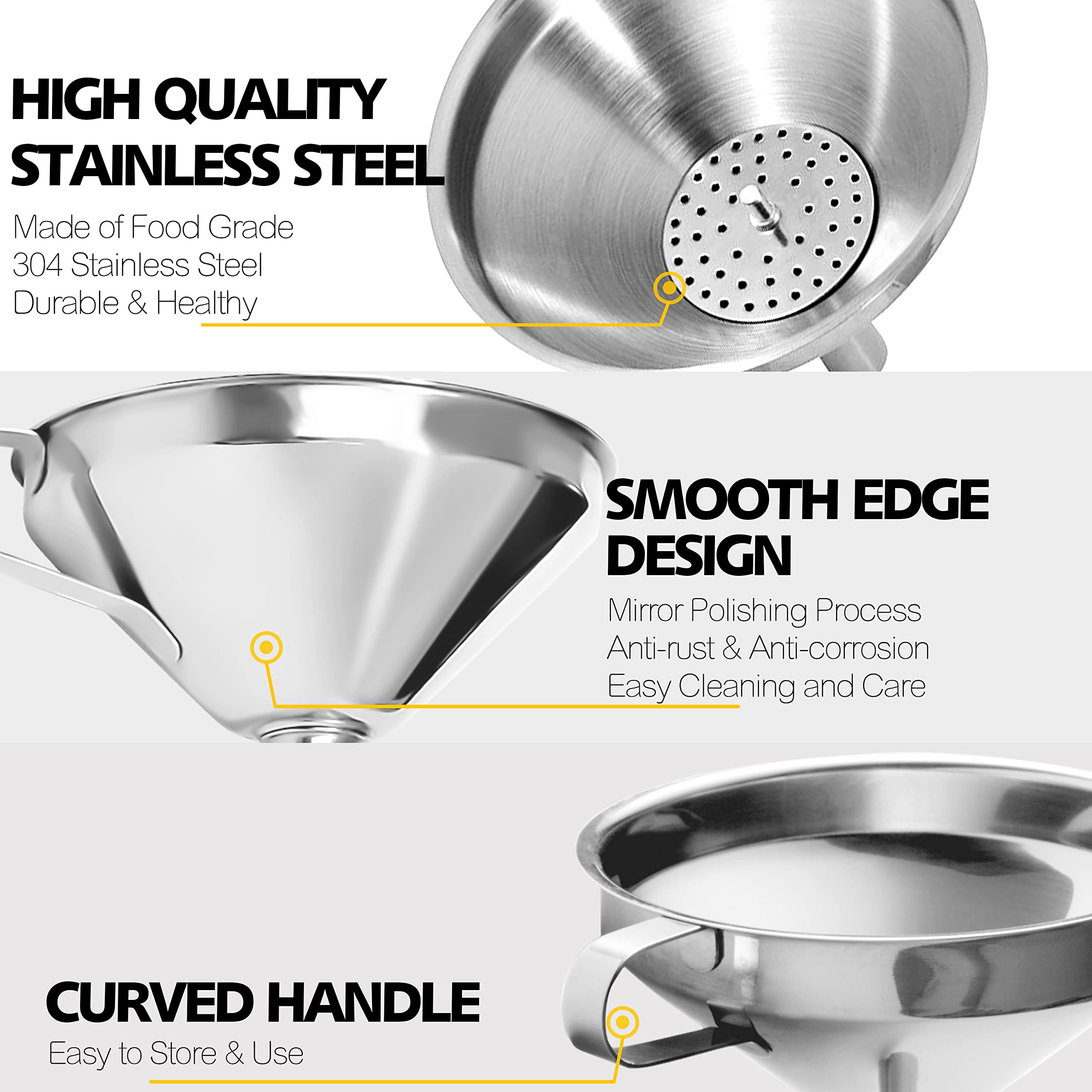 Anaeat 3 Pack Stainless Steel Kitchen Funnel Set, Multi-Use Premium Metal Food Grade Cooking Funnels With 2 Removable Strainer F