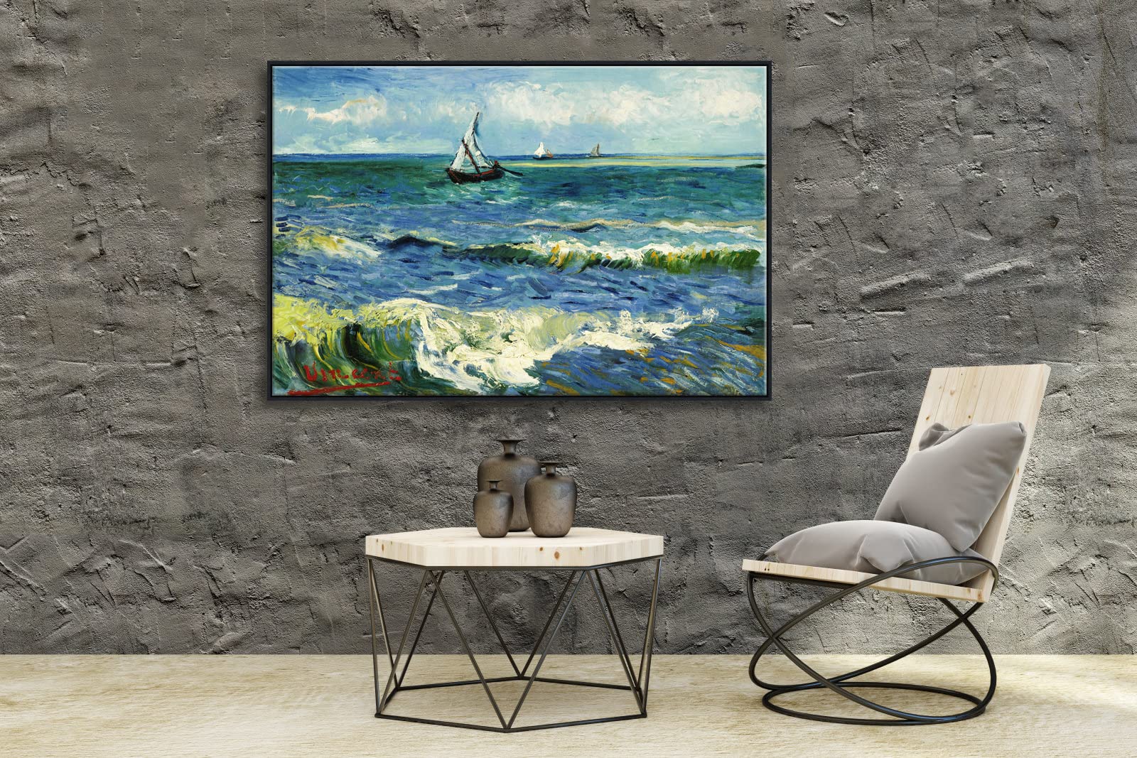 Wieco Art Extra Large Black Framed Canvas Prints Seascape At Saintes Maries By Vincent Van Gogh Modern Artwork Sea Pictures On C