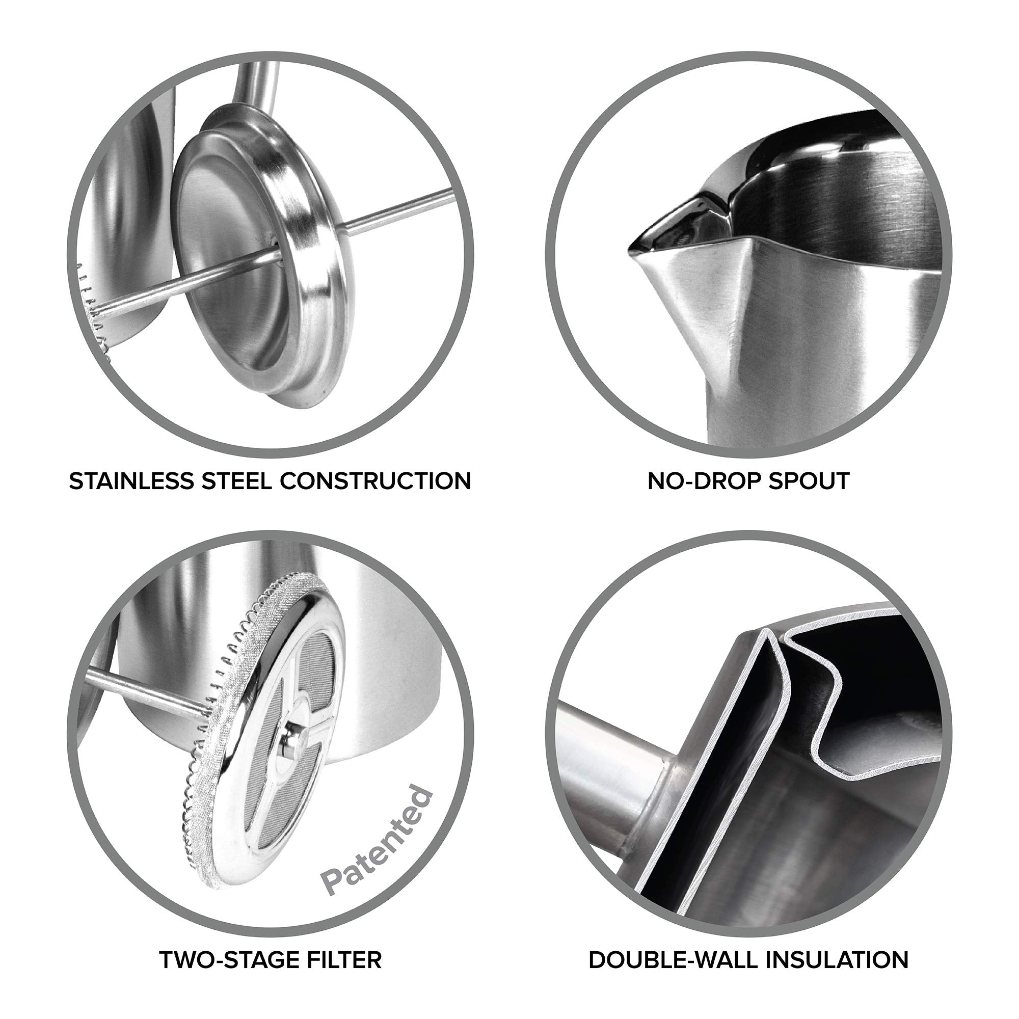 Frieling Double-Walled Stainless-Steel French Press Coffee Maker - Brushed 17 Ounces - Camping French Press - Stainless Steel Co