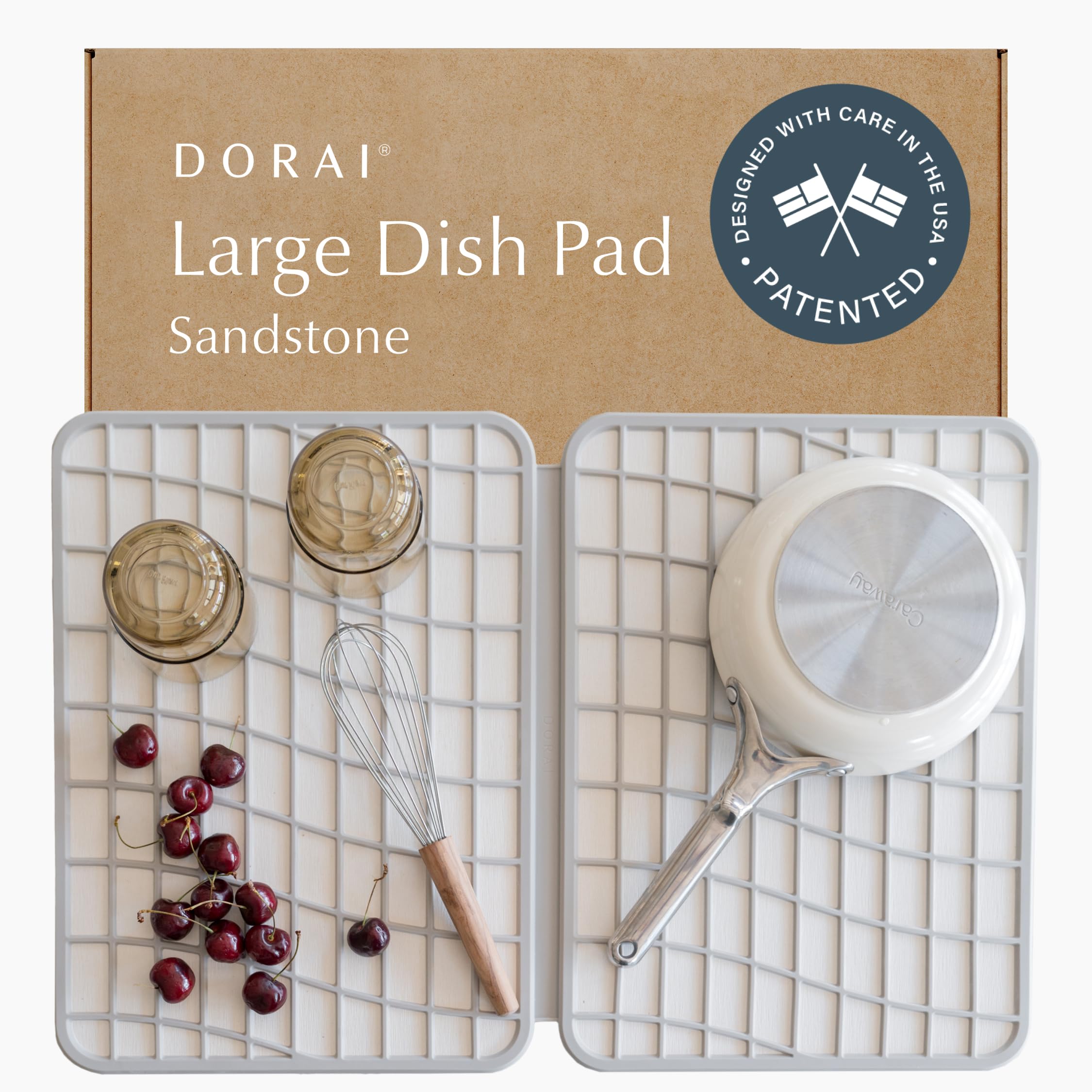 Dorai Home Large Dish Pad - 40% More Drying Space, Eco-Friendly Quick-Drying Stone Mat for Kitchen, 24.6 x 16.5, Sandstone