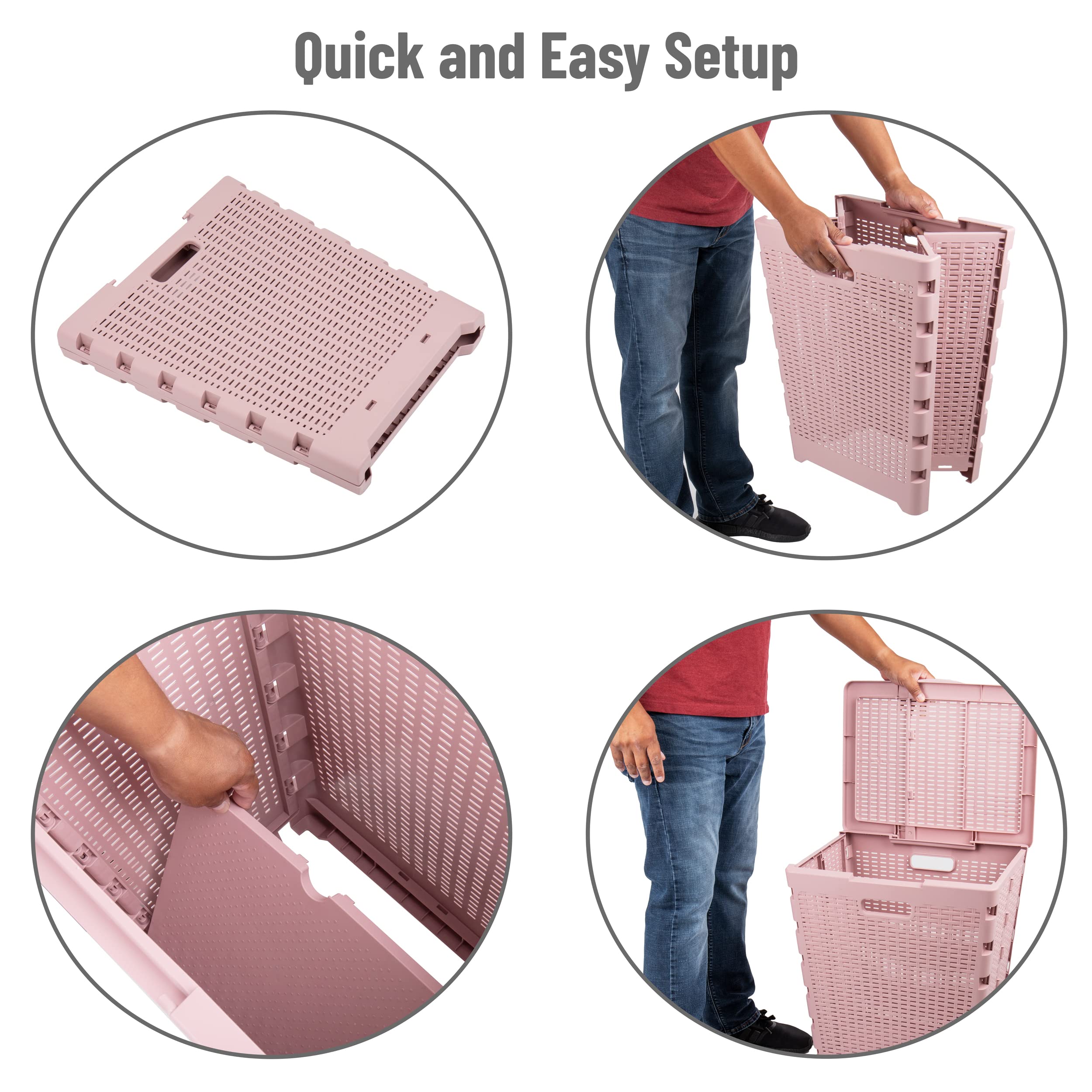 Mind Reader 61L Foldable Laundry Hamper, Clothes Basket, Lid, Wicker Design, Plastic, 18''L X 14.5''W X 21.25''H, Pink