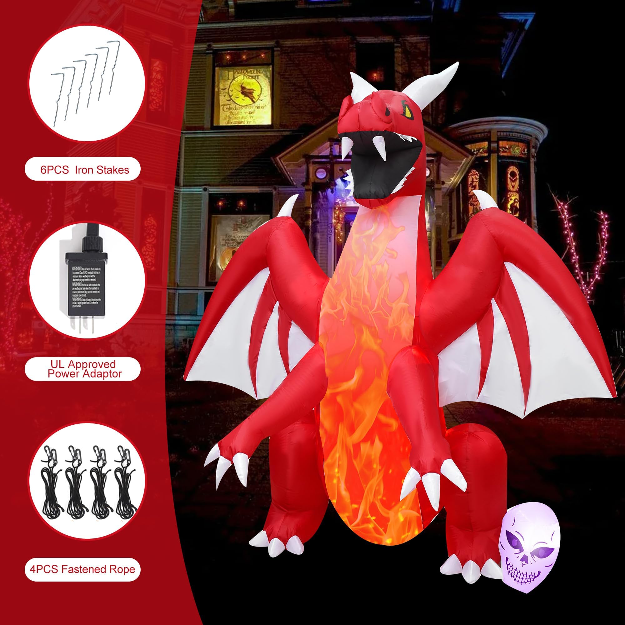 DearSun 8FT H Halloween Inflatable Dragon with Skull Next to The Foot, Blow up Dragon Inflatable with Red Flame lamp Inside Outd