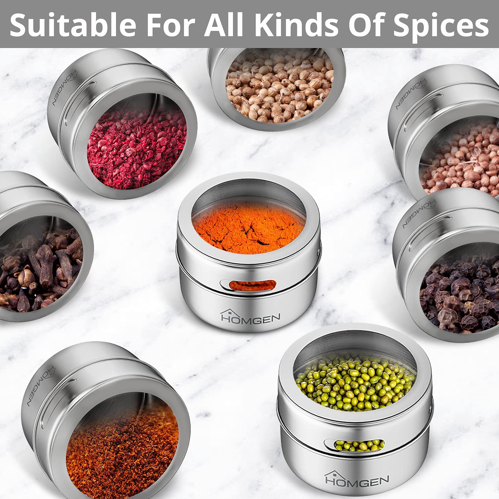 HOMGEN 12PCS Stainless Steel Magnetic Spice Jars Set 3.4oz Magnetic Spice Containers Magnetic Spice Jars for Refrigerator BBQ Magnet Spice Tins Set with Lids Labels and Chassis for Kitchen Camping etc