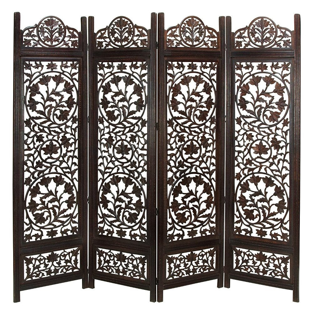 Benjara Handcrafted Wooden 4-Panel Room Divider Screen Featuring Lotus Pattern-Reversible, Antique Brown