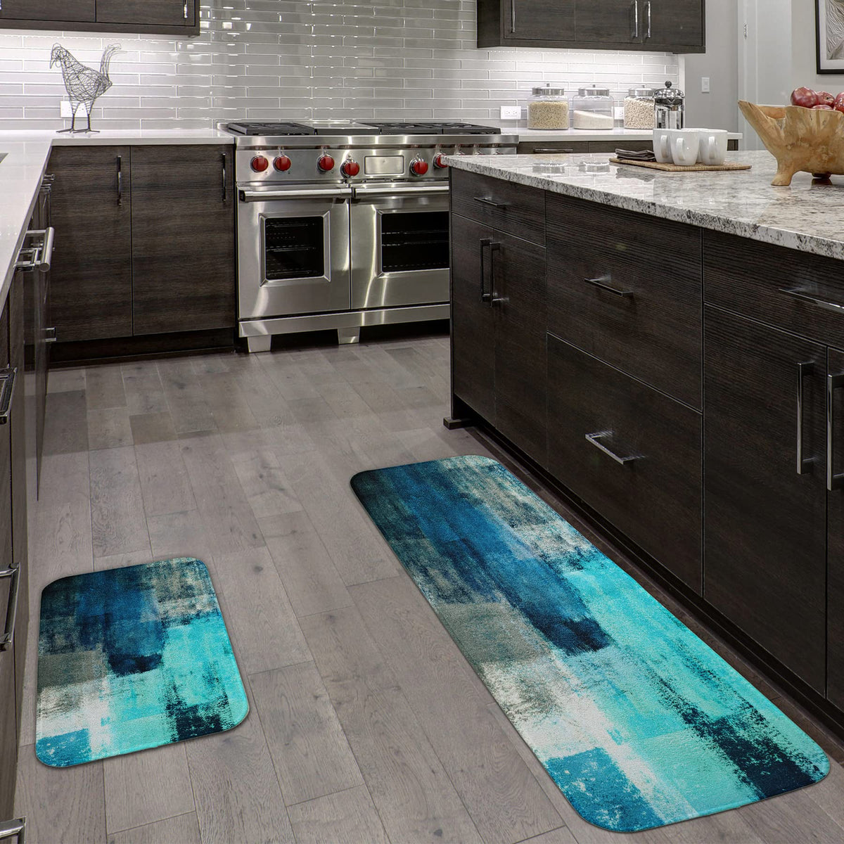 Mayhmyo Teal Mat Turquoise And Grey Rugs Non Skid Washable 17X48+17X24 Set Of 2 Abstract Art Kitchen Floor Mats For Dining Floor
