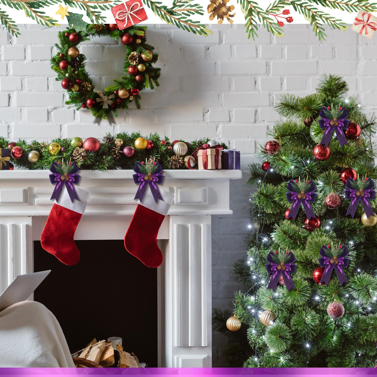 Syhood 6 Pcs Christmas Bows with Pine Cones Pine Needles Xmas Velvet Bows Purple Velvet Ribbon Christmas Tree Wreath Decoration