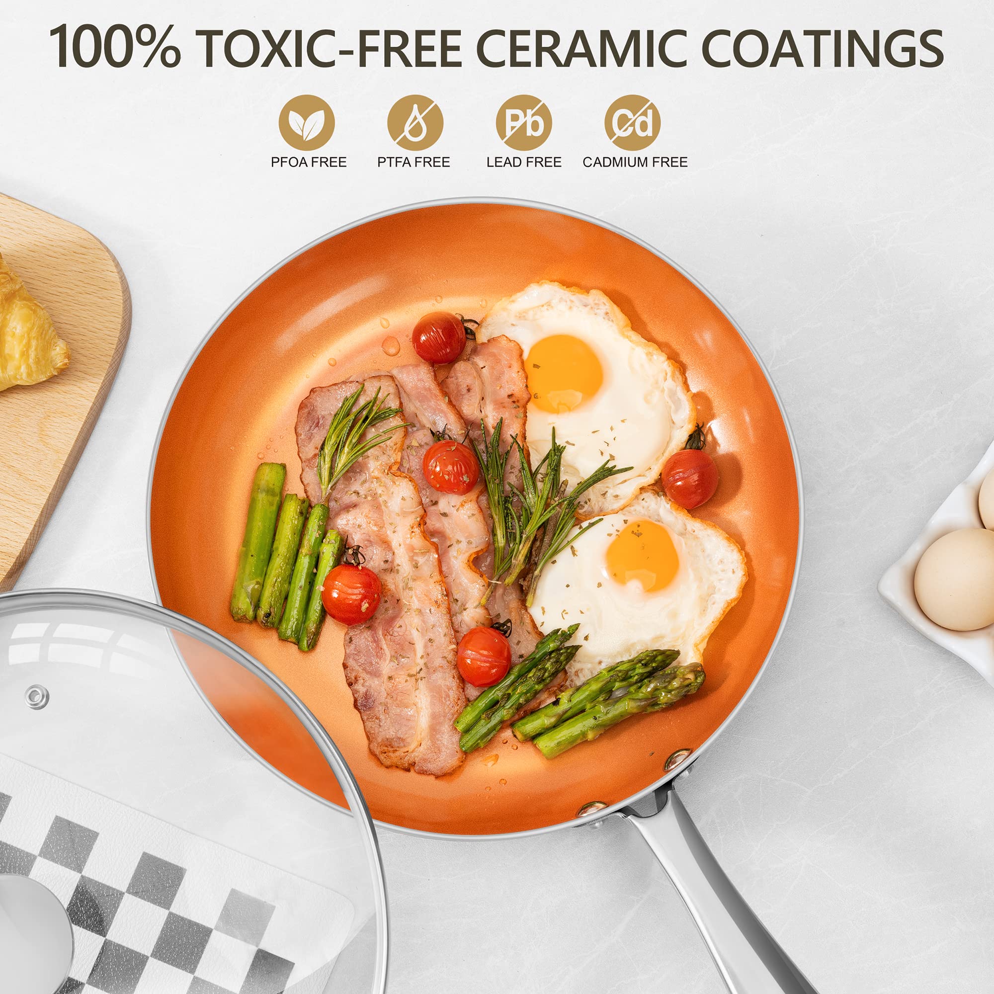 Michelangelo Copper Frying Pan Set With Lid, 8'' & 10'' Frying Pan Set, Nonstick Frying Pan Set, Copper Pans With Lid, Nonstick