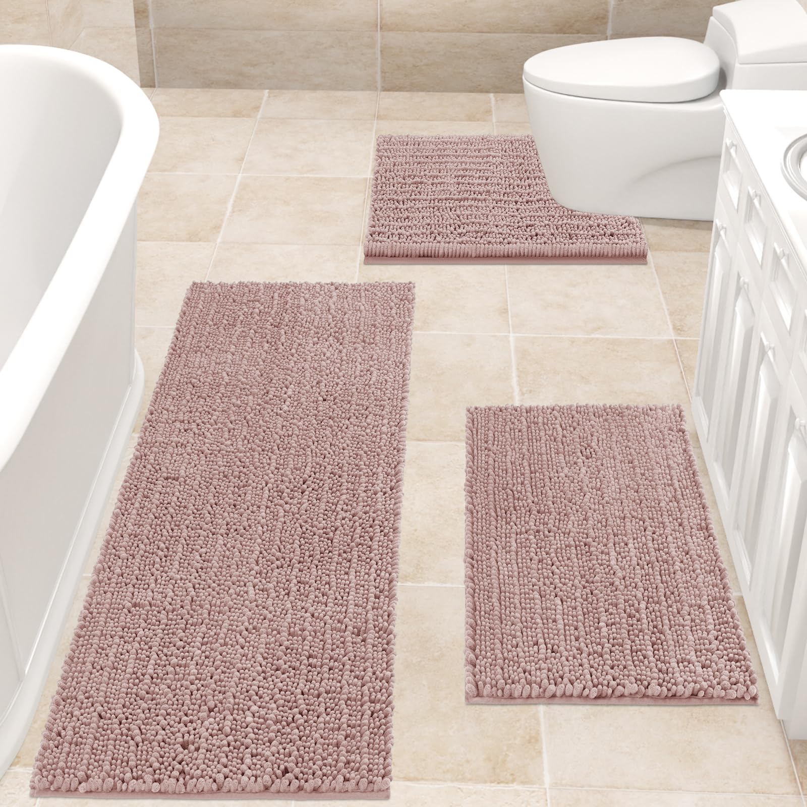 Accumtek Upgrade Extra Large Dusty Pink Bathroom Rug Set 3 Pieces Ultra Soft, Thick Absorbent Bath Mats, Non Slip Chenille Toile