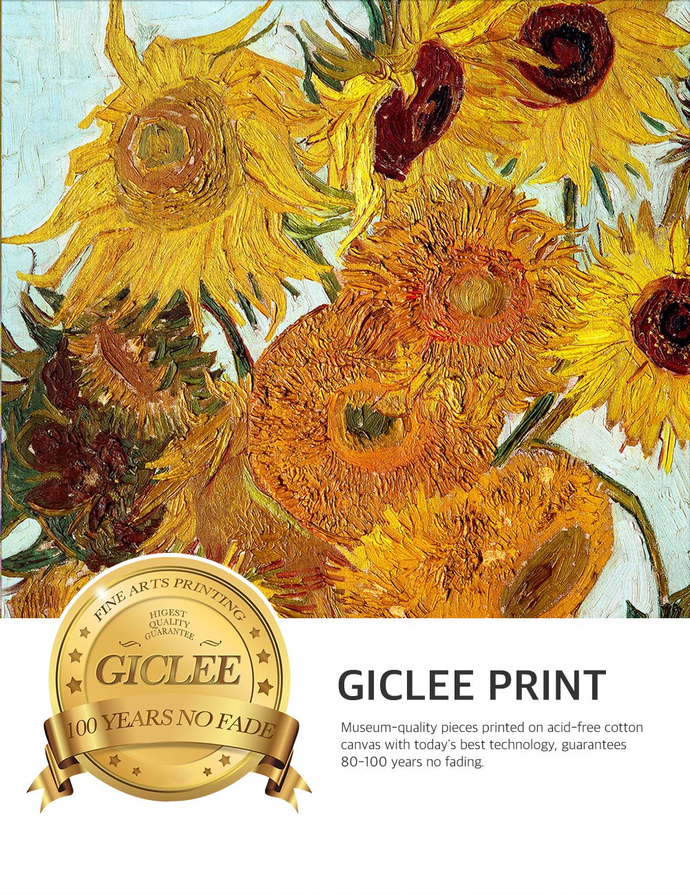 Decorarts - Twelve Sunflowers - Vincent Van Gogh. Giclee Print On Canvas With Matching Golden-Relief Framed Wall Art. Picture Si