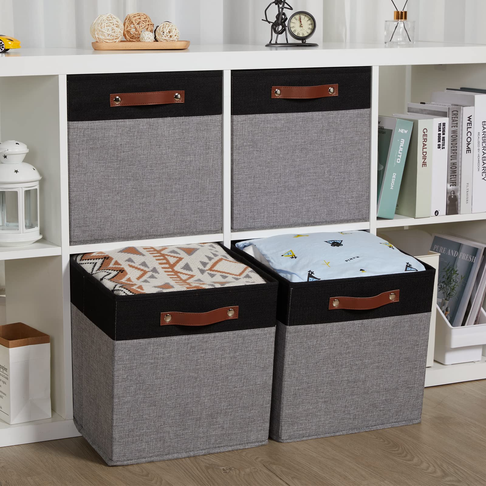 Hnzige Storage Baskets For Organizing, Set Of 4, Square Fabric Storage Cubes Bins 13 X 13, Collapsible Black Storage Bins For Sh