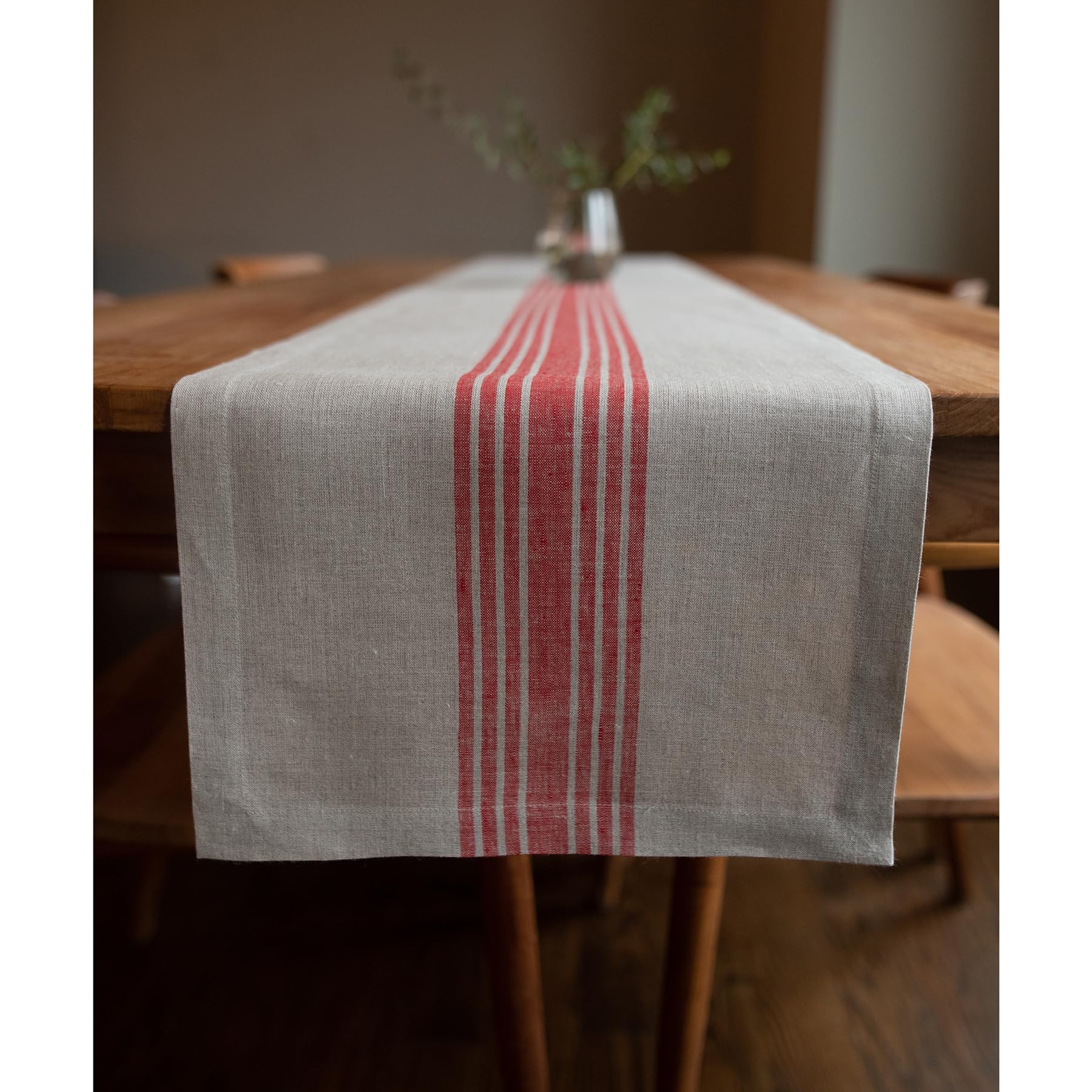 Solino Home Stripe Linen Table Runner 90 Inches Long - 100% Pure Linen Red And Natural Table Runner 14 X 90 Inch - Machine Washa