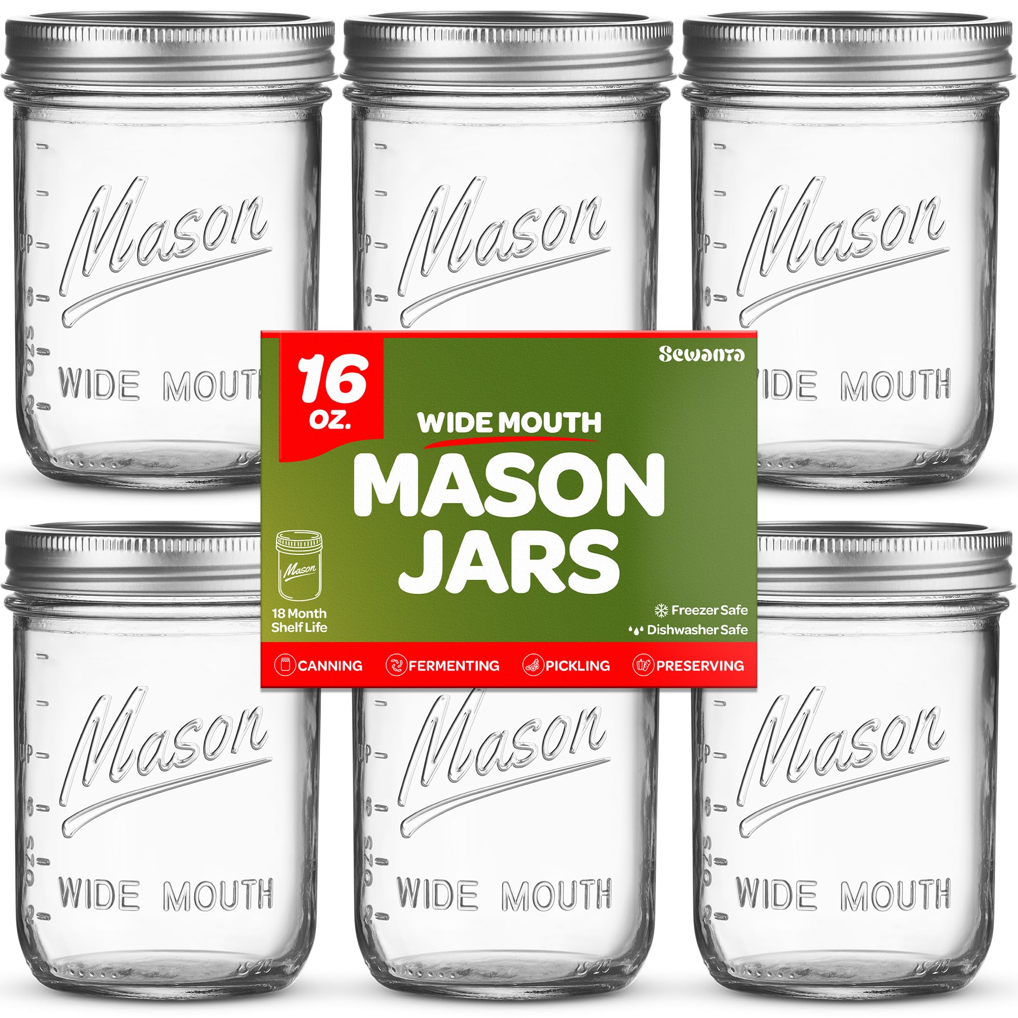 Sewanta Wide Mouth Mason Jars 16 Oz [5 Pack] With Mason Jar Lids And Bands, Mason Jars 16 Oz - For Canning, Fermenting, Pickling