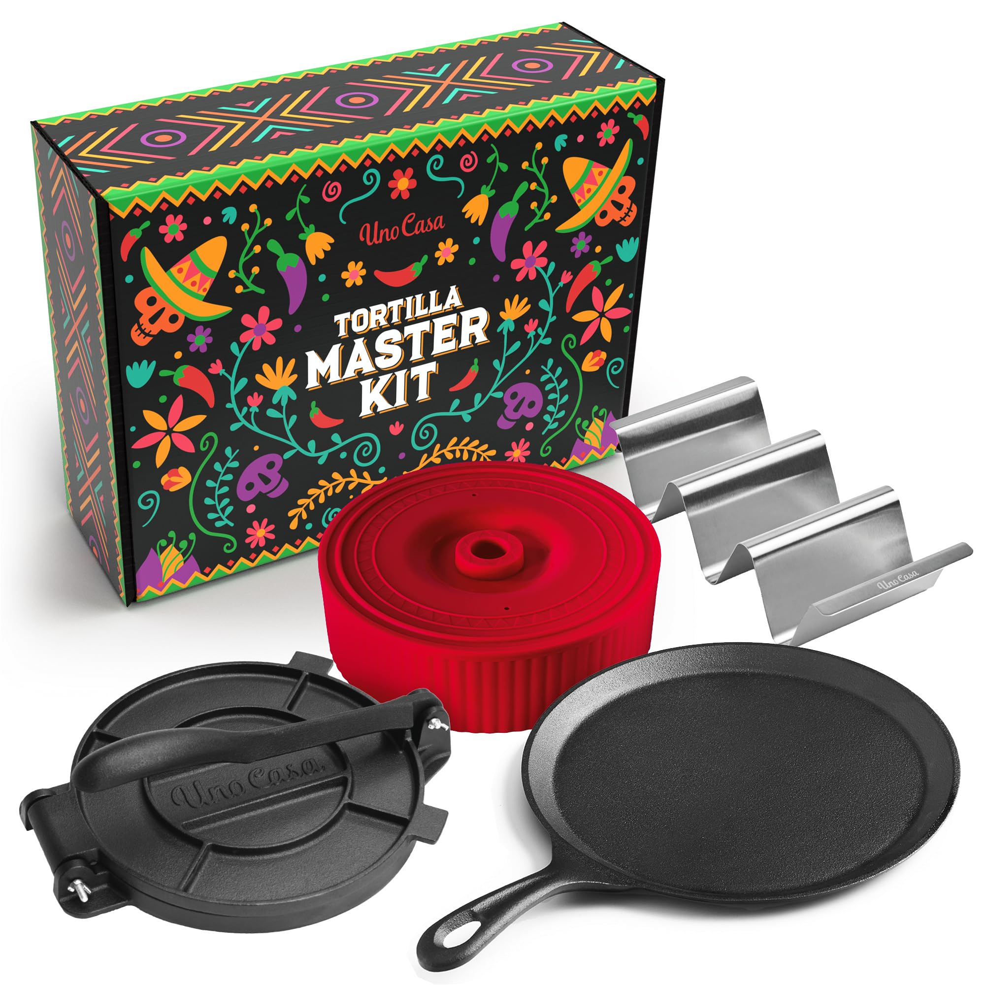 Uno Casa Tortilla Master Kit - Tortilla Press 8 Inch with 10.5 IN Comal Pan, 4 Taco Holders, and Tortilla Warmer - Complete Taco