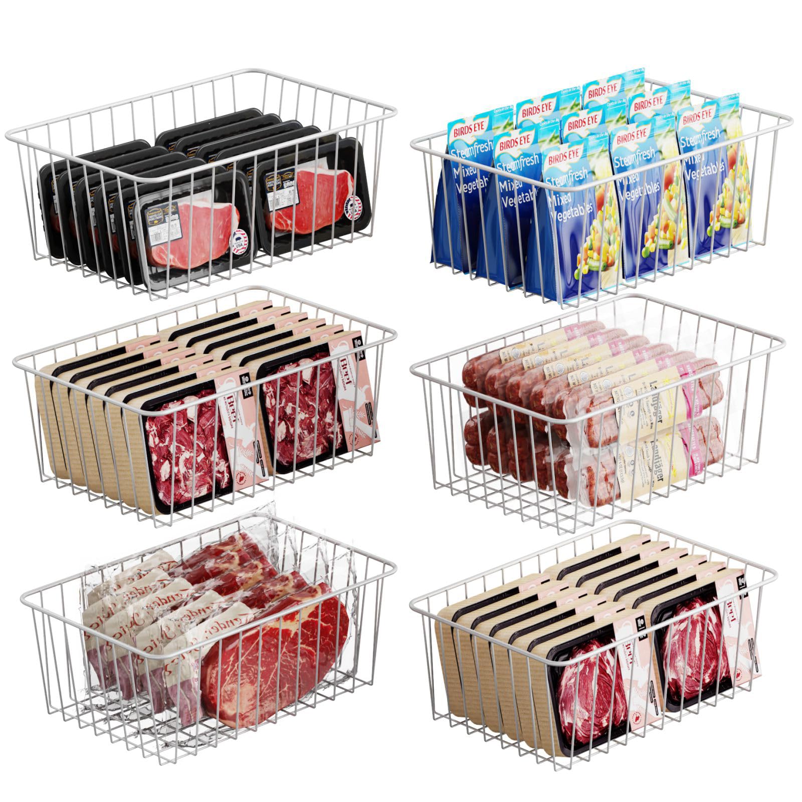 iSPECLE Upright Freezer Organizer Bins - Fits 14 to 15.5 Cu.Ft Stand up Freezer, 6 Pack Medium Wire Baskets, High-Sided Easy-Vie