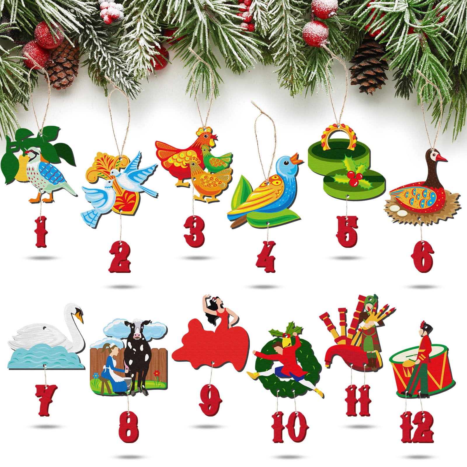 12 Pieces 12 Days of Christmas Ornaments Wooden Set 3.15 Inch Colorful Xmas Twelve Days of Christmas Hanging Ornaments for Xmas 