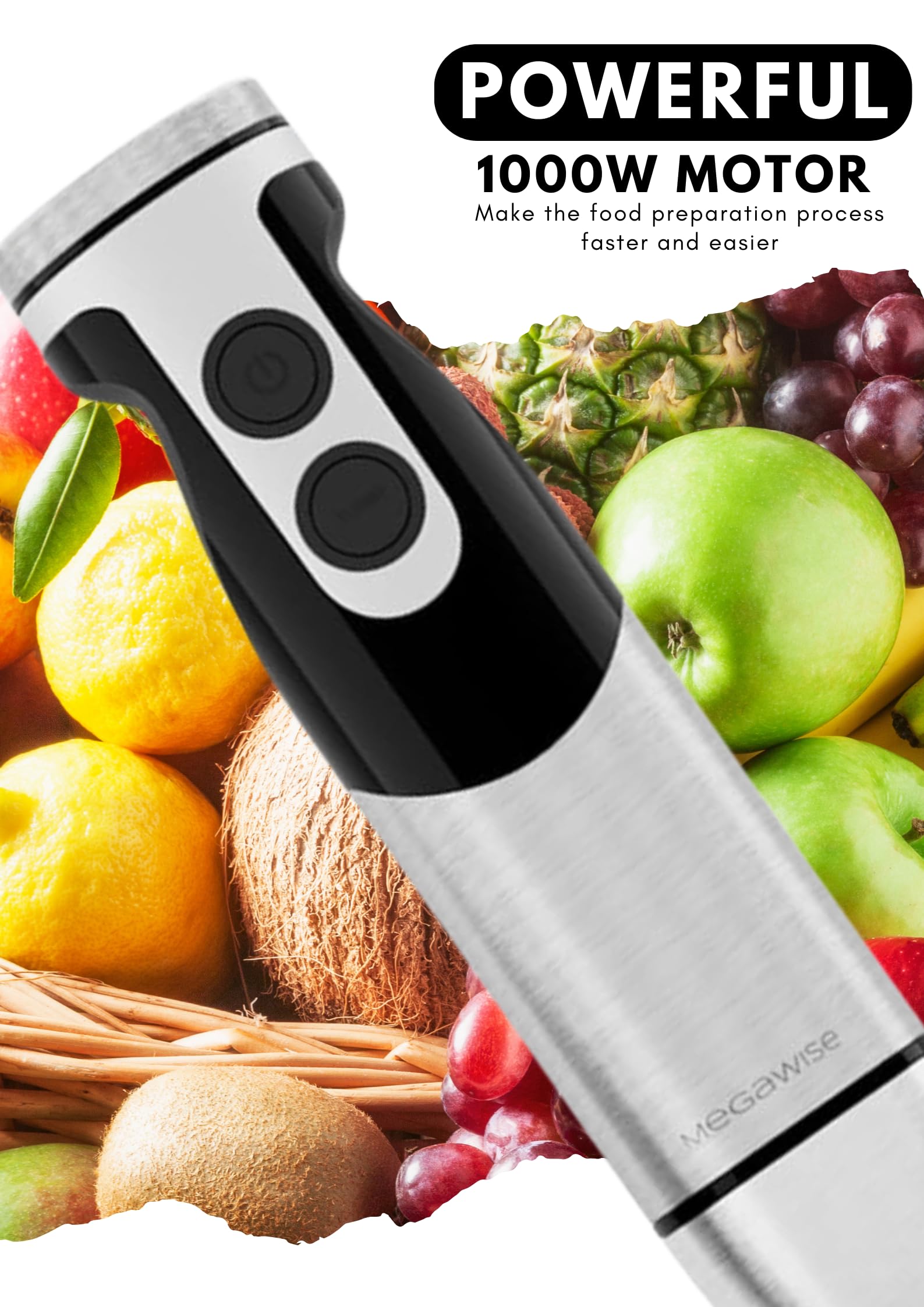 MegaWise Stainless Steel Titanium Reinforced 3-in-1 Immersion Hand Blender  Powerful with 80% Sharper Blades  12-Speed Corded Blender  Including Whisk and Milk Frother (3-in 1 Black)