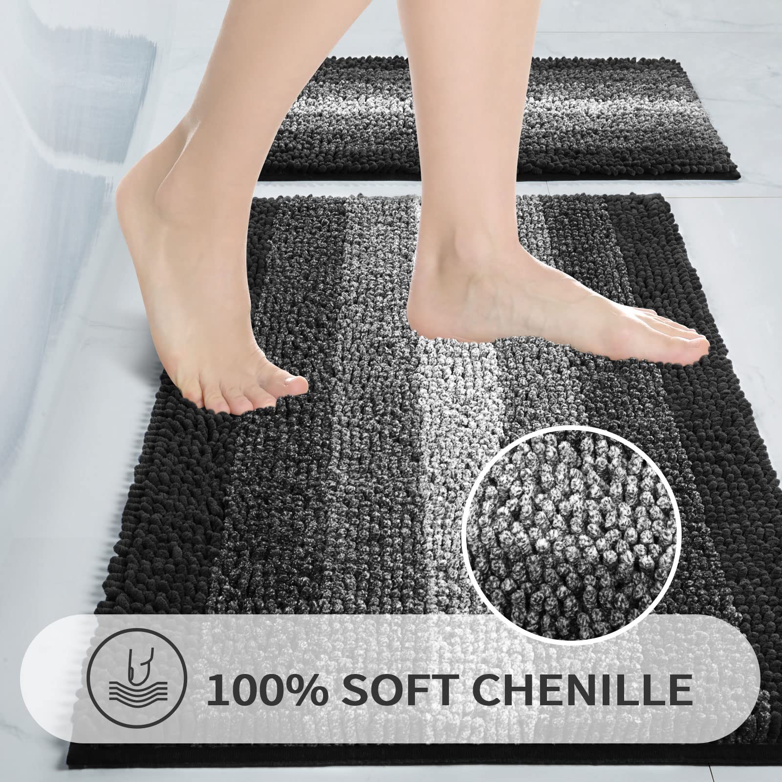 Gibelle Black Bathroom Rugs  Luxury Chenille Bath Mat  Small Non Slip Shower Rug and Bath Room Floor Mats  Machine Washable  Quick Dry Bathmat  Soft Cozy Plush Rug for Tub  20'' x 32''