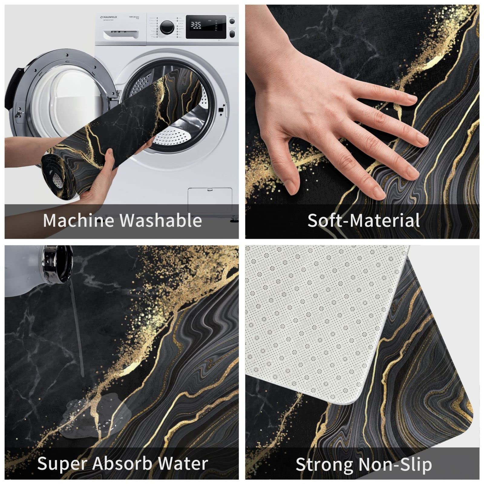 Black And Gold Marble Bath Mats For Bathroom, Soft Absorbent Bath Rug Non-Slip Floor Rug Carpets For Kitchen Bathroom Laundry Be