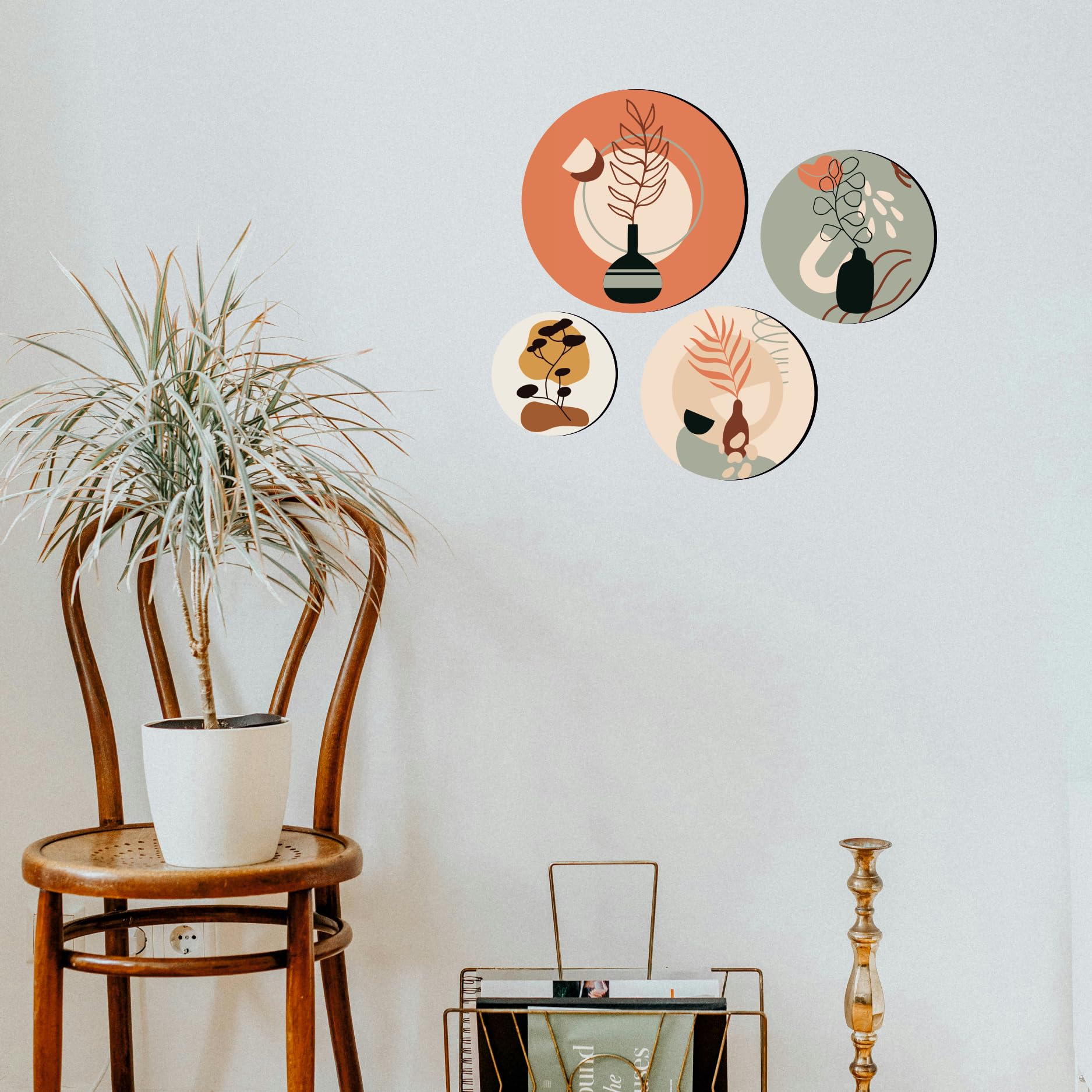 Giftplease Round Shape Elegant Wall Decoration Art - Handcrafted Traditional Wooden Decor Piece (Set Of 4 | Pattern-14)