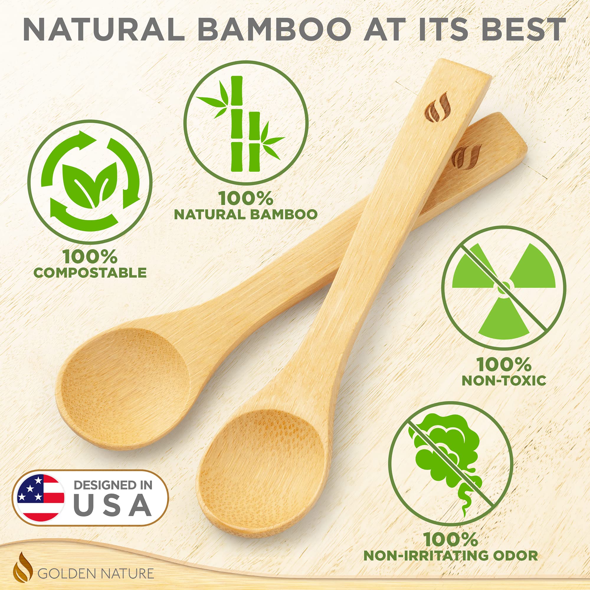 Golden Nature Bamboo Spoon Set (10 Pc), Small Kitchen Teaspoons, Tiny Wooden Spoons Perfect For Sugar, Spices, Seasoning, Coffee