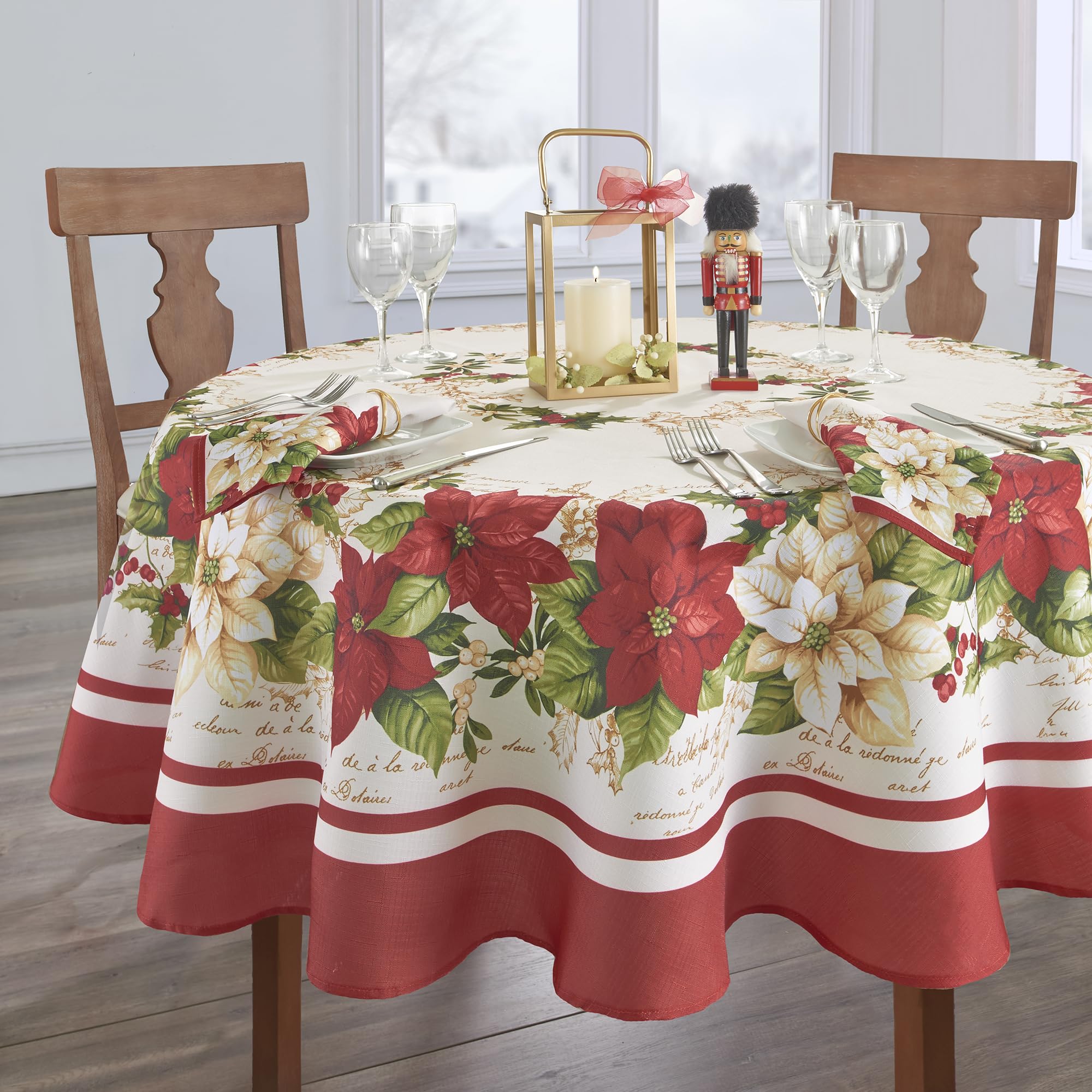 Elrene Home Fashions Red And White Poinsettia Holiday Fabric Wrinkle Resistant Tablecloth, 70'' Round, Multi