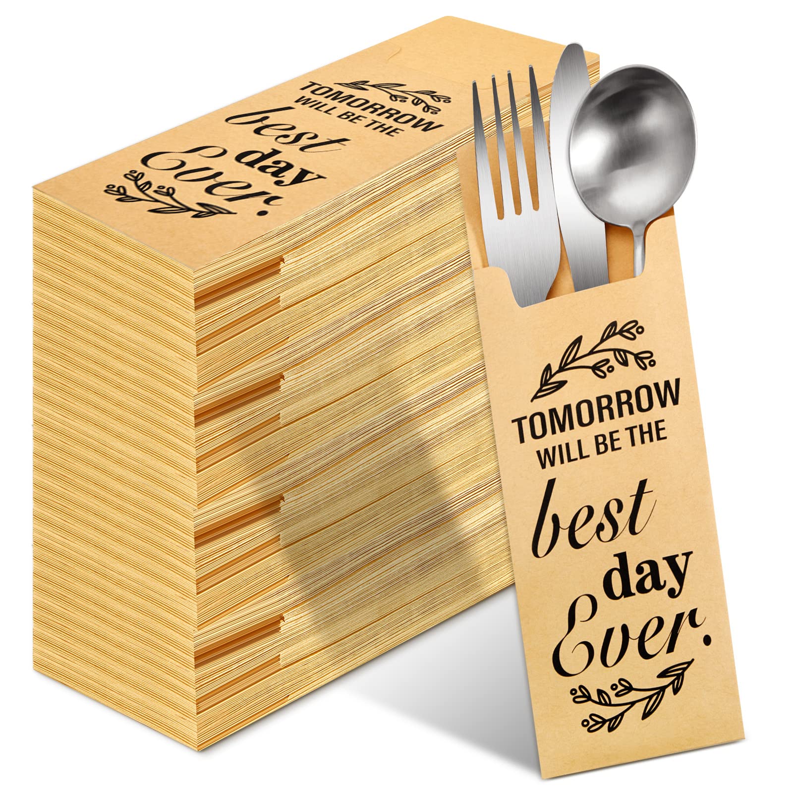 Gueevin 100 Pcs Tomorrow Will Be The Best Day Ever Wedding Paper Silverware Bags Utensil Holder Rustic Cutlery Pouch Bag For Wed