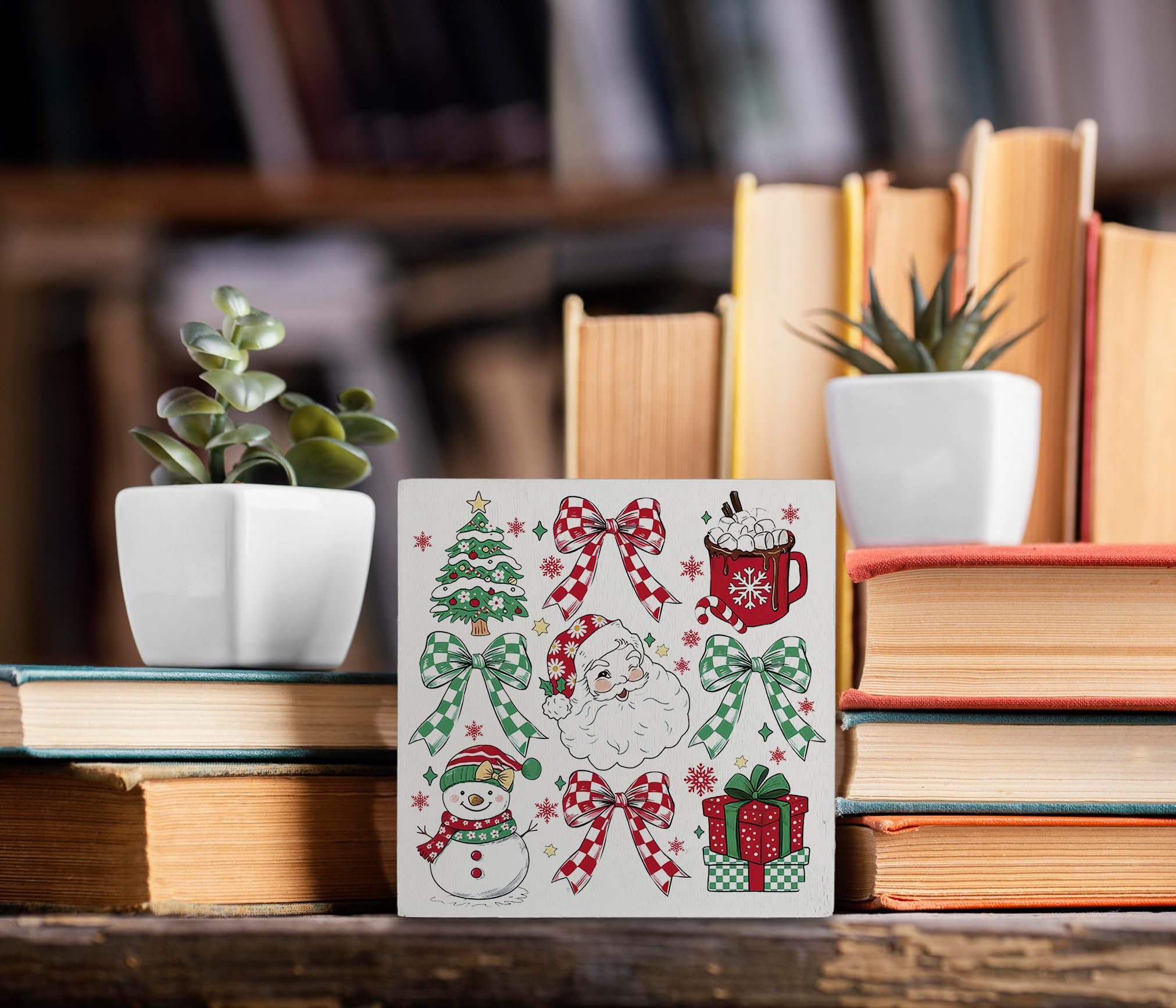 kunlisa Coquette Red and Green Bow Christmas Wooden Sign, Coquette Preppy Christmas Decor, Girly Xmas Tree Santa Snowman Wood Bo