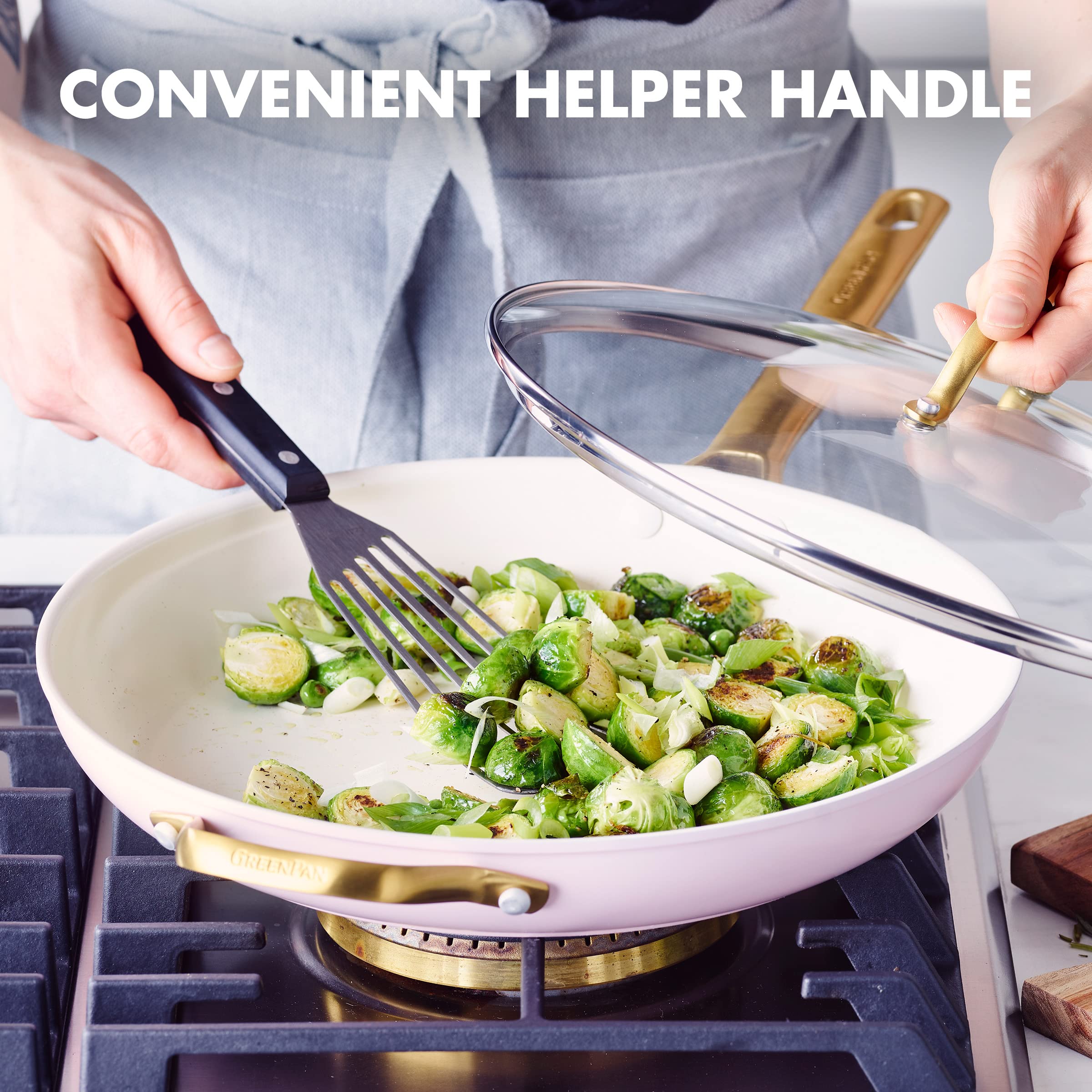 Greenpan Reserve Hard Anodized Healthy Ceramic Nonstick 12'' Frying Pan Skillet With Helper Handle And Lid, Gold Handle, Pfas-Fr