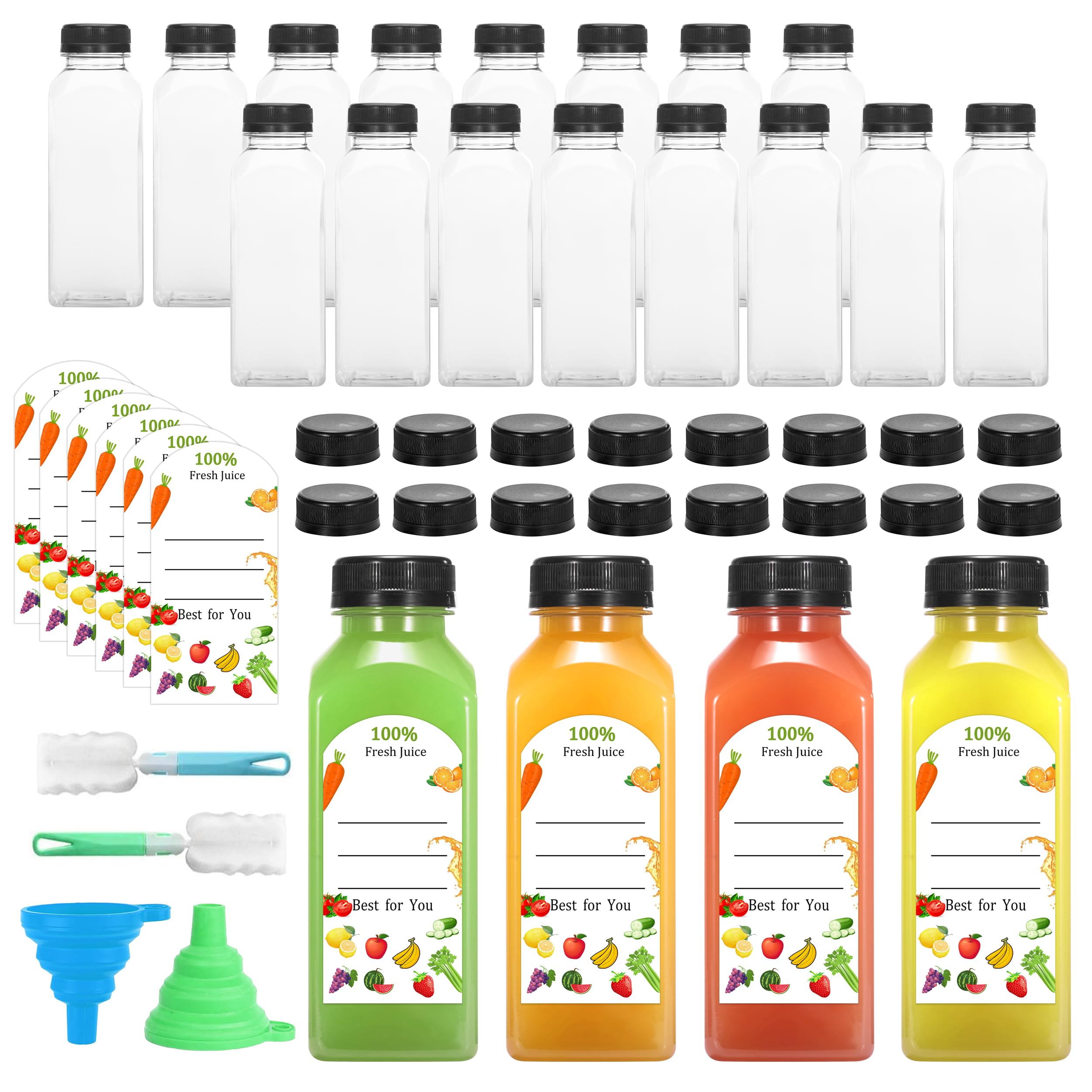 HEWASME 30Pcs 12 Oz Plastic Juice Bottles with Caps,Clear Reusable Water Bottle & Tamper Proof Lids,Juice Containers,Juicing Bot