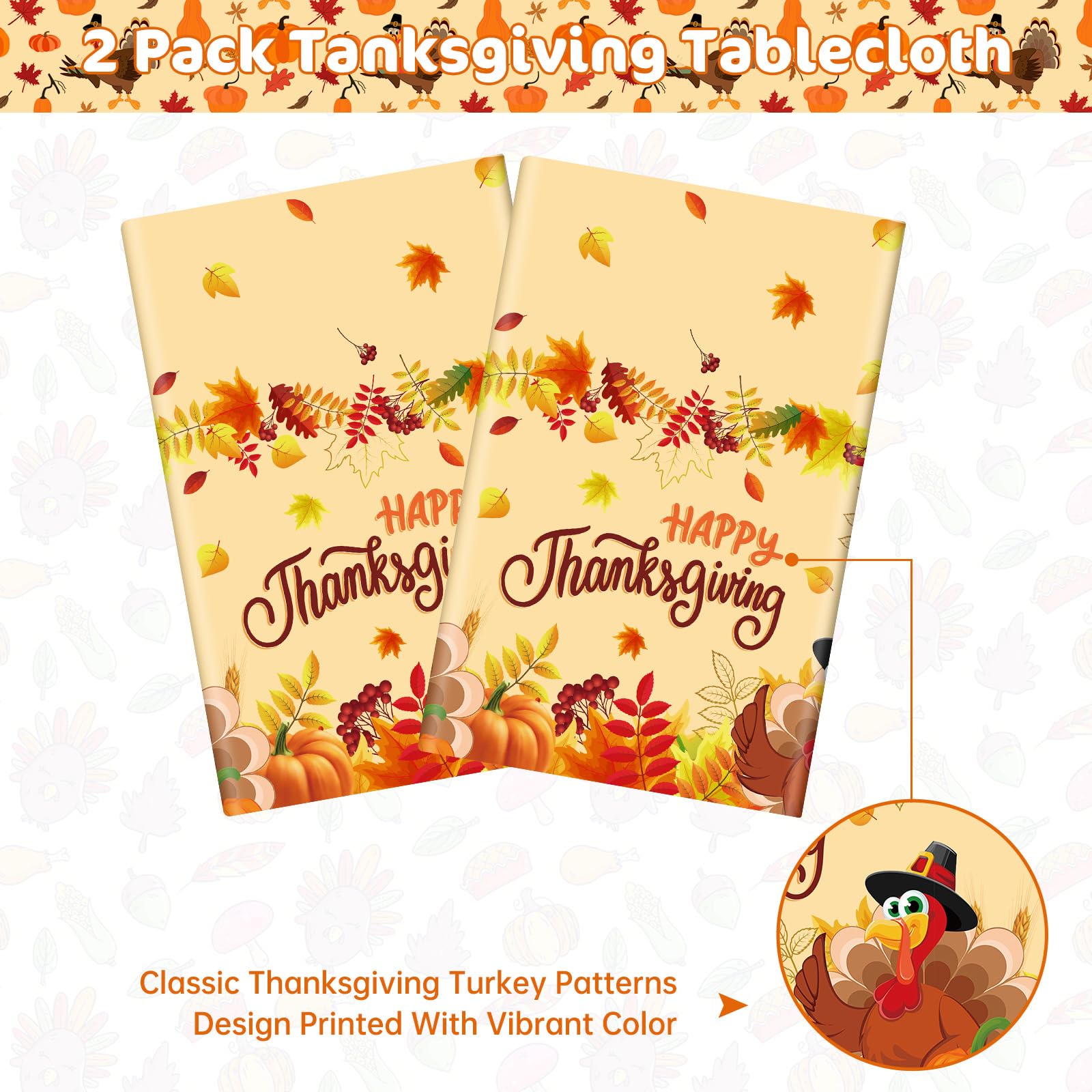2 Pack Happy Thanksgiving Tablecloth - Fall Thanksgiving Turkey Table Cloths, Disposable Plastic Rectangle Autumn Pumpkin Maple