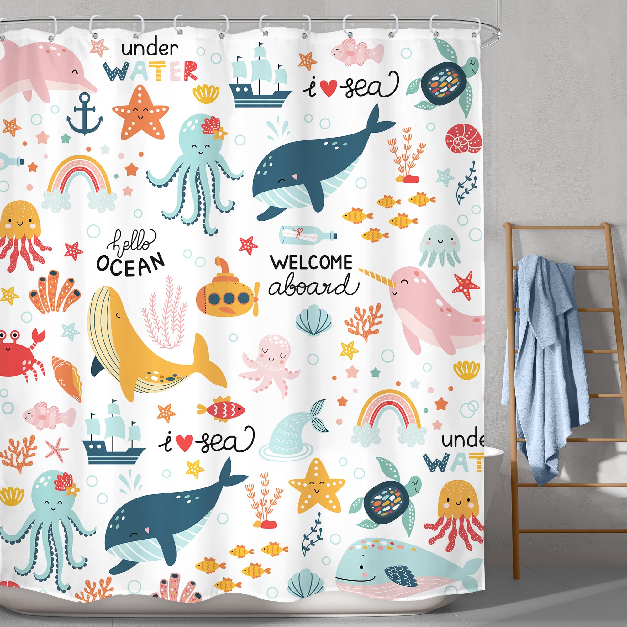 Lghtyro Kids Whale Ocean Shower Curtain Bathroom Set 60Wx71H Inches Cartoon Underwater Sea Animals Cute Fish Funny Sealife Color