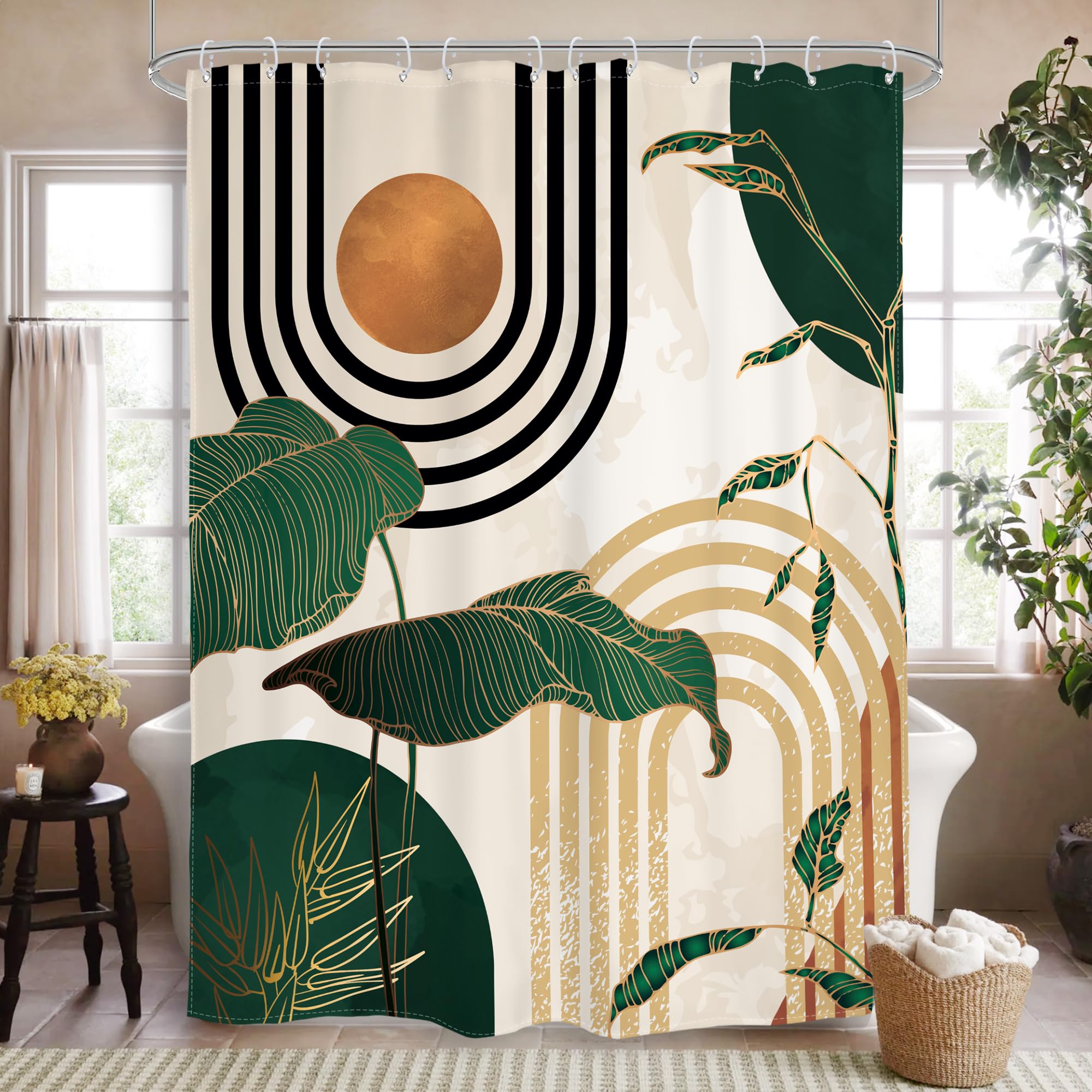 Glawry Boho Blue Green Shower Curtain Mid Century Abstract Tropical Palm Leaf Modern Minimalist Plant Botanical Bathroom Geometr