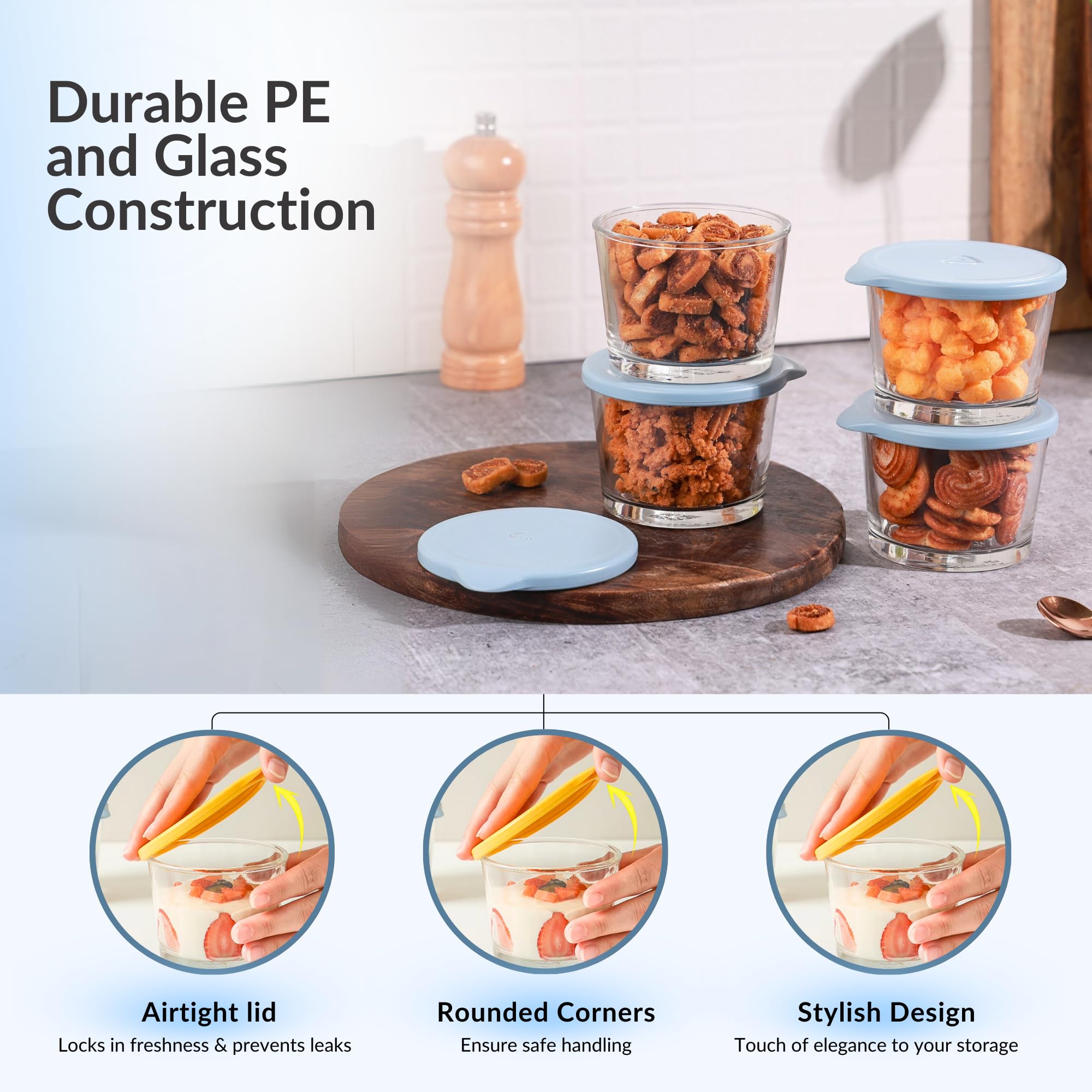 Homeessentials Glass Containers With Lid - 260Ml Leak-Proof Glass Sealed Jar With Lid|Food Grade Ideal For Kitchen,Refrigerator,