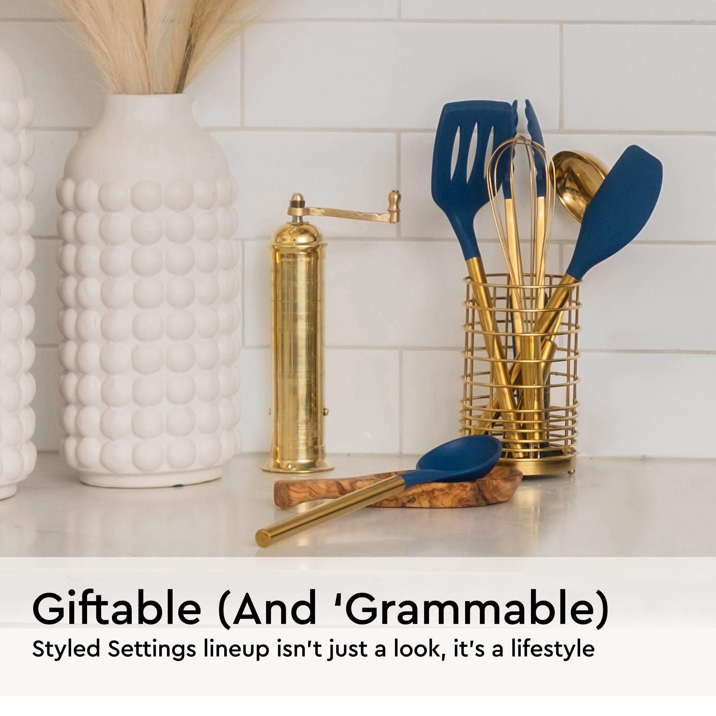 Gold And Navy Blue Kitchen Utensils - 7 Piece Navy Blue Utensils Set Includes Gold Utensil Holder And Gold Kitchen Utensils - Na